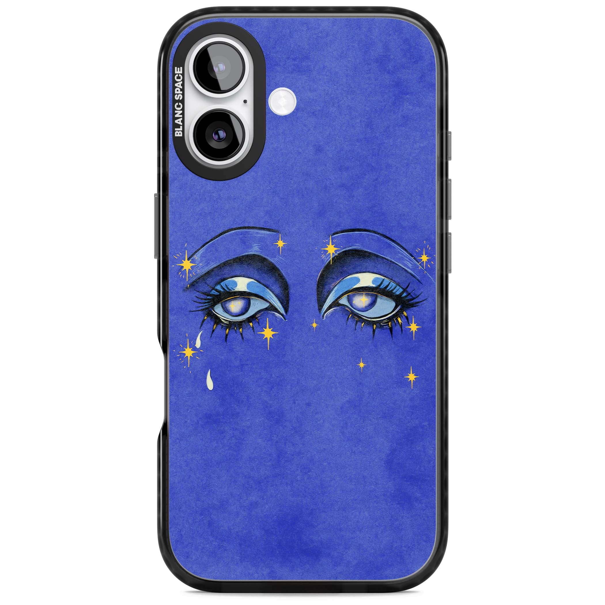 Blue Mystic Eyes celestial iPhone case featuring hand drawn blue mystical eyes, golden stars and a painted tear on indigo | Clear Impact case for iPhone 17