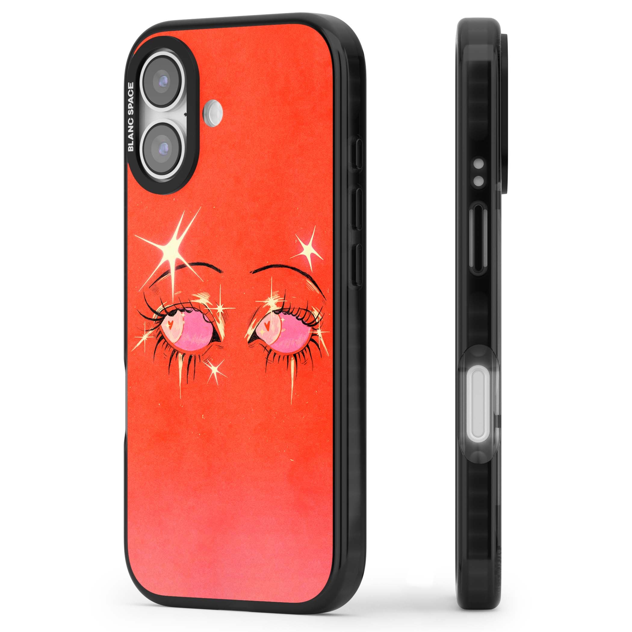 Pink Ethereal Eyes anime iPhone case featuring hand-drawn sparkly eyes with pink hearts and gold stars on red | Clear Impact case for iPhone 17