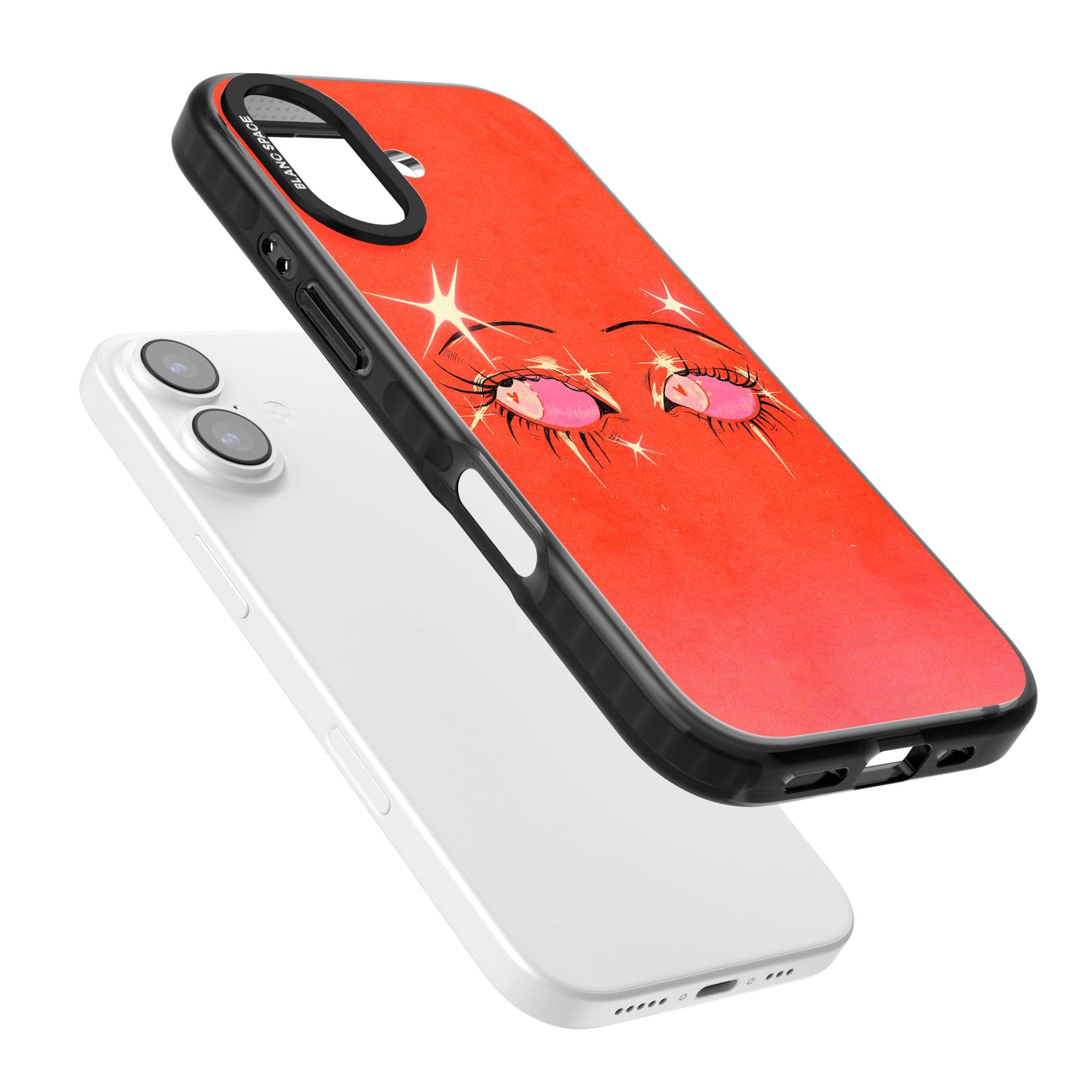 Pink Ethereal Eyes anime iPhone case featuring hand-drawn sparkly eyes with pink hearts and gold stars on red | Clear Impact case for iPhone 17