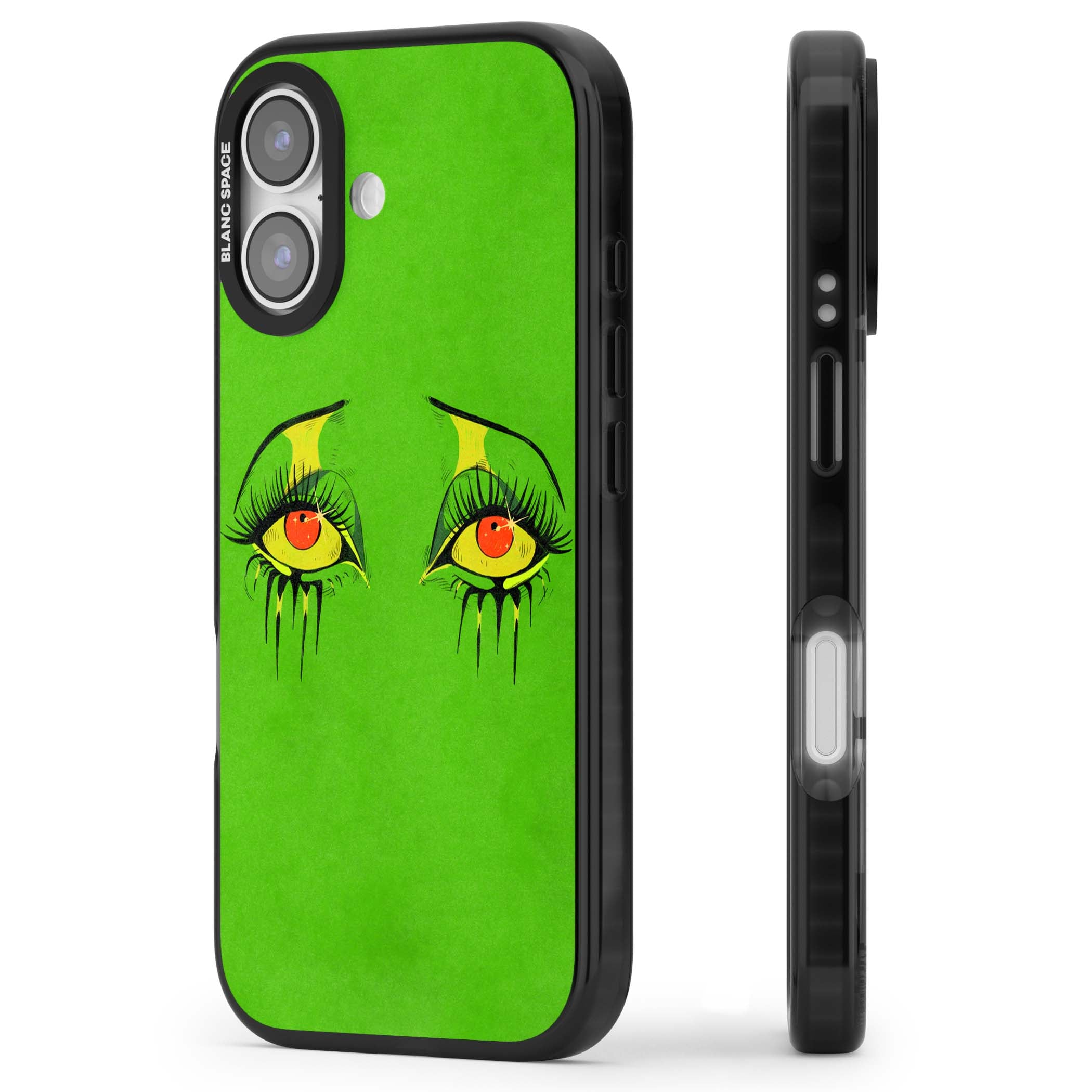 Green Enchanted Eyes psychedelic art iPhone case featuring hand-drawn dripping eyes on neon green background | Clear Impact case for iPhone 17