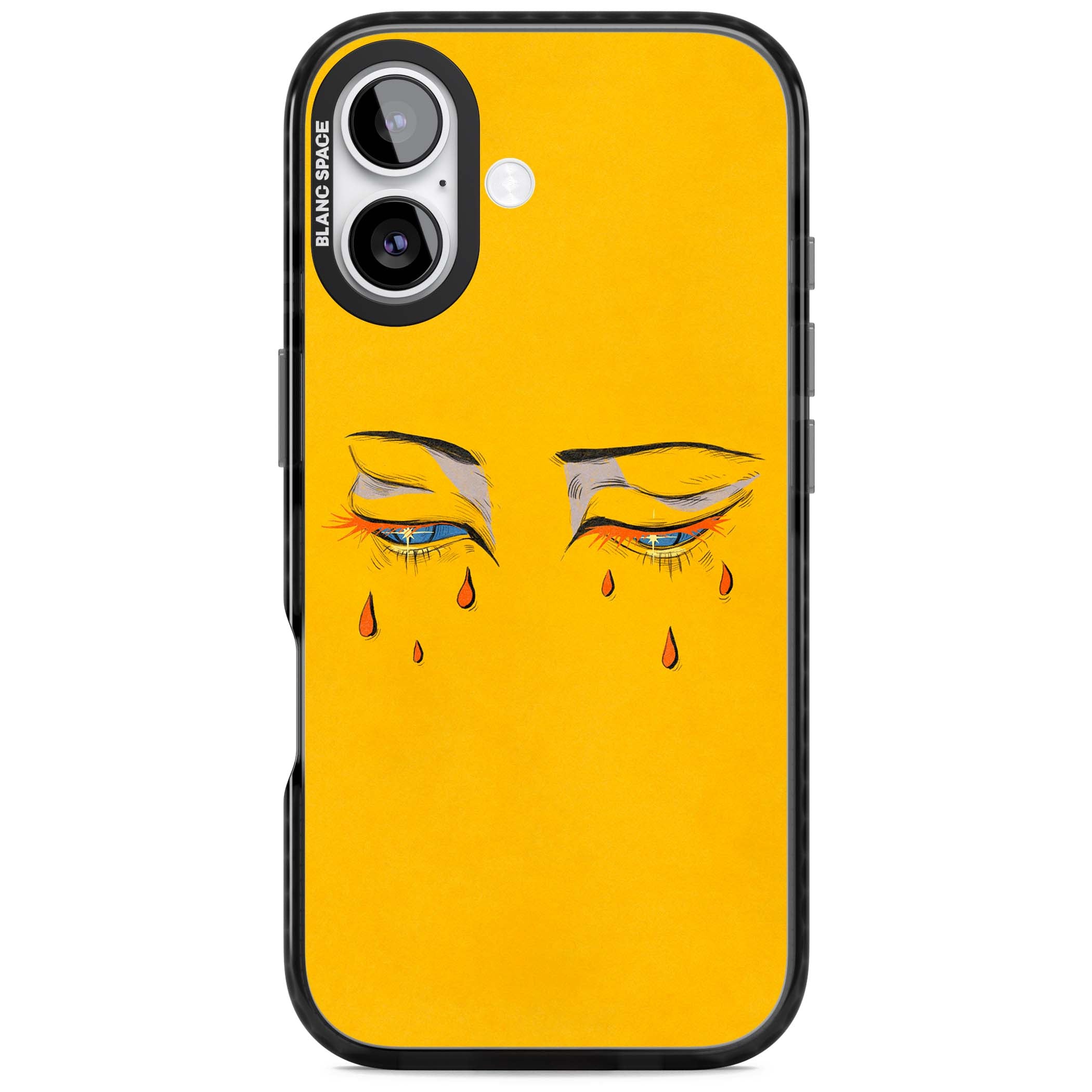 Yellow Tearful Eyes indie iPhone case featuring hand-drawn crying eyes with orange tears on a yellow background | Clear Impact case for iPhone 17