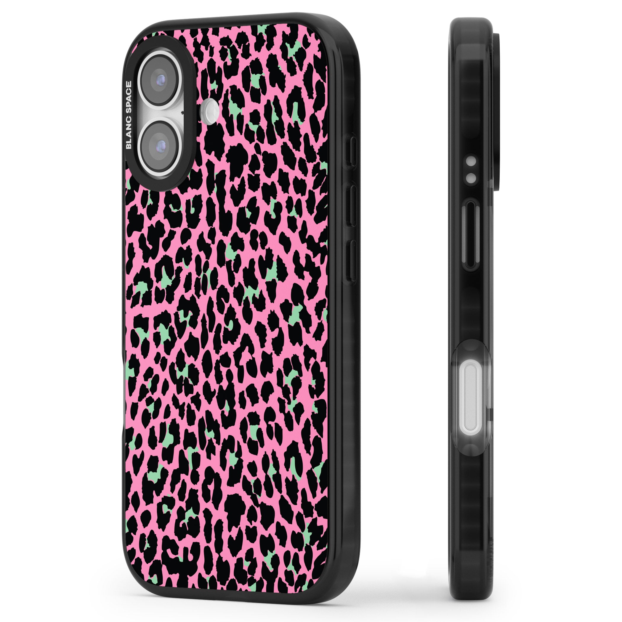 Pink & Green Leopard iPhone 17 Impact Black Phone Case Side Profile