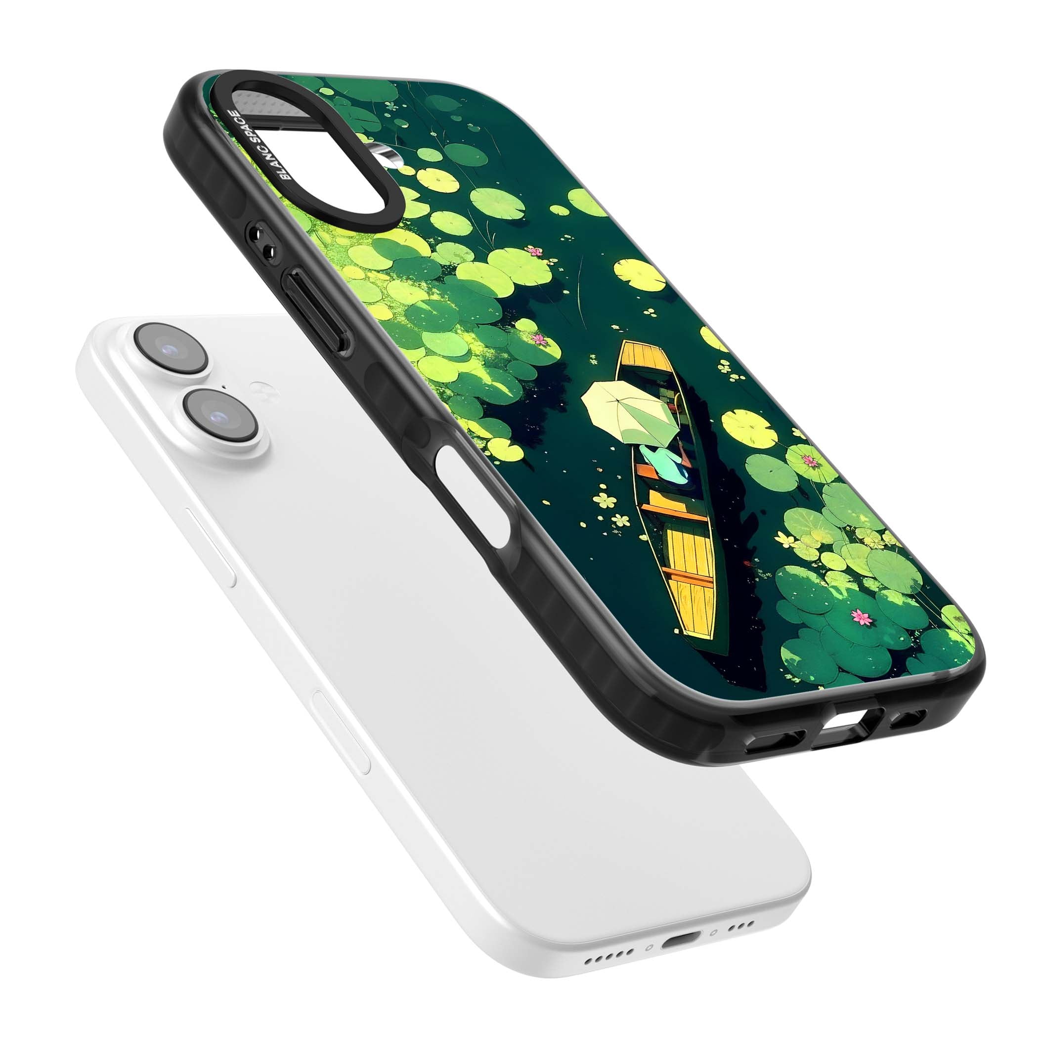 Jade Waters cottagecore iPhone case featuring a painted lily pond, wooden boat with parasol and floating water lilies | Clear Impact case for iPhone 17