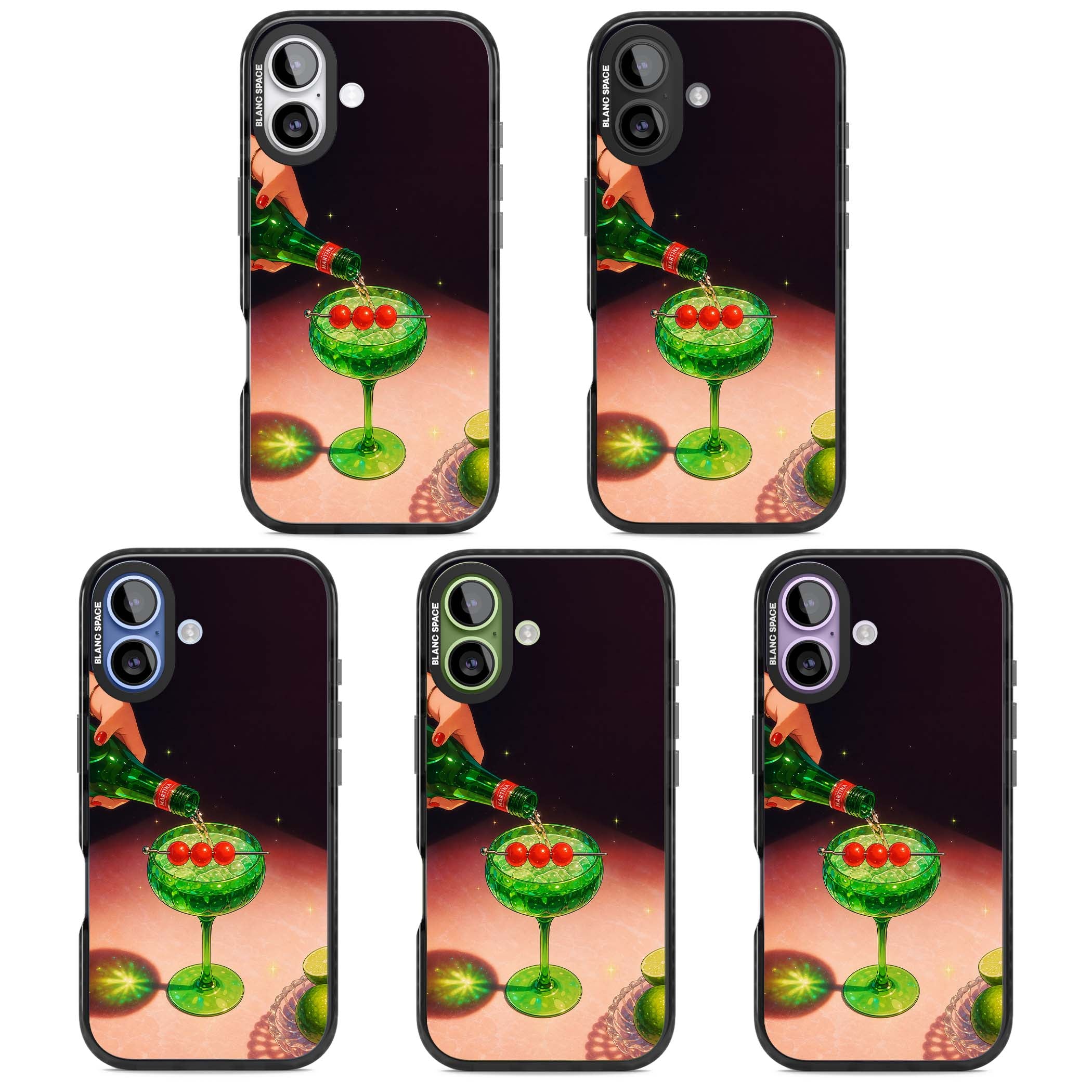 Absinthe Hour cocktail iPhone case featuring a green coupe glass, cherry garnish and vintage bottle pour illustration | Clear Impact case for iPhone 17