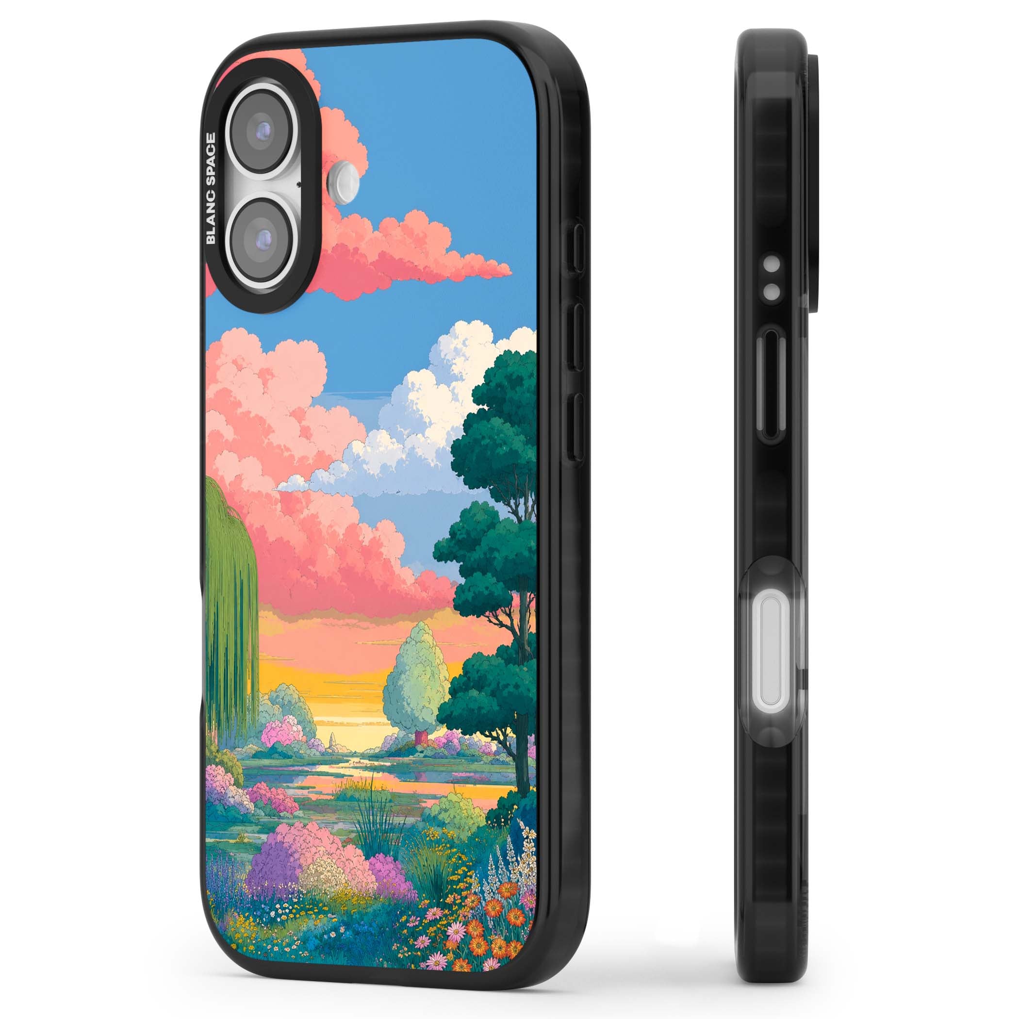 Dream Valley anime landscape iPhone case featuring pink sunset clouds, willow trees and wildflowers | Clear Impact case for iPhone 17