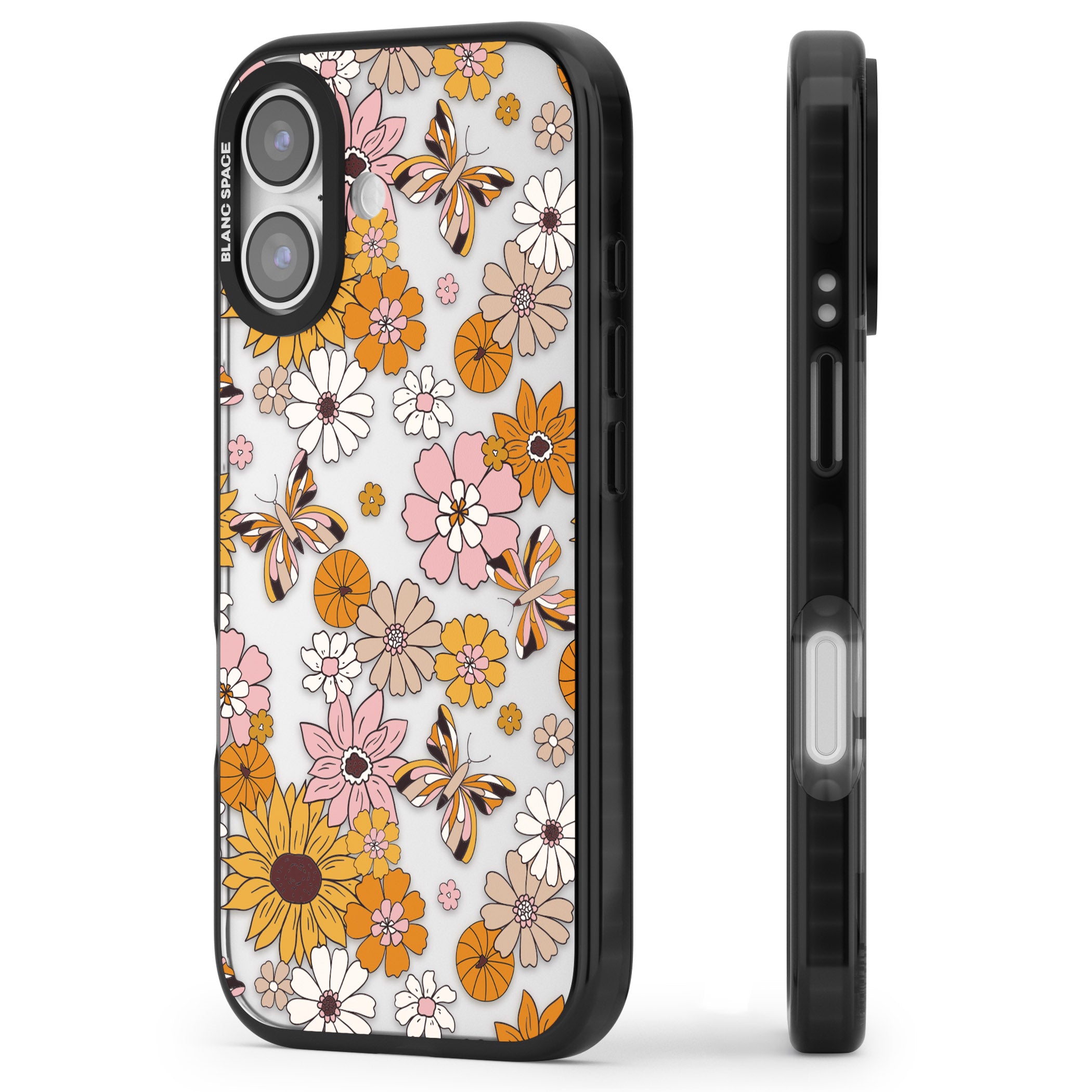 Butterfly Bloom Autumn Floral iPhone 17 Impact Black Phone Case Side Profile