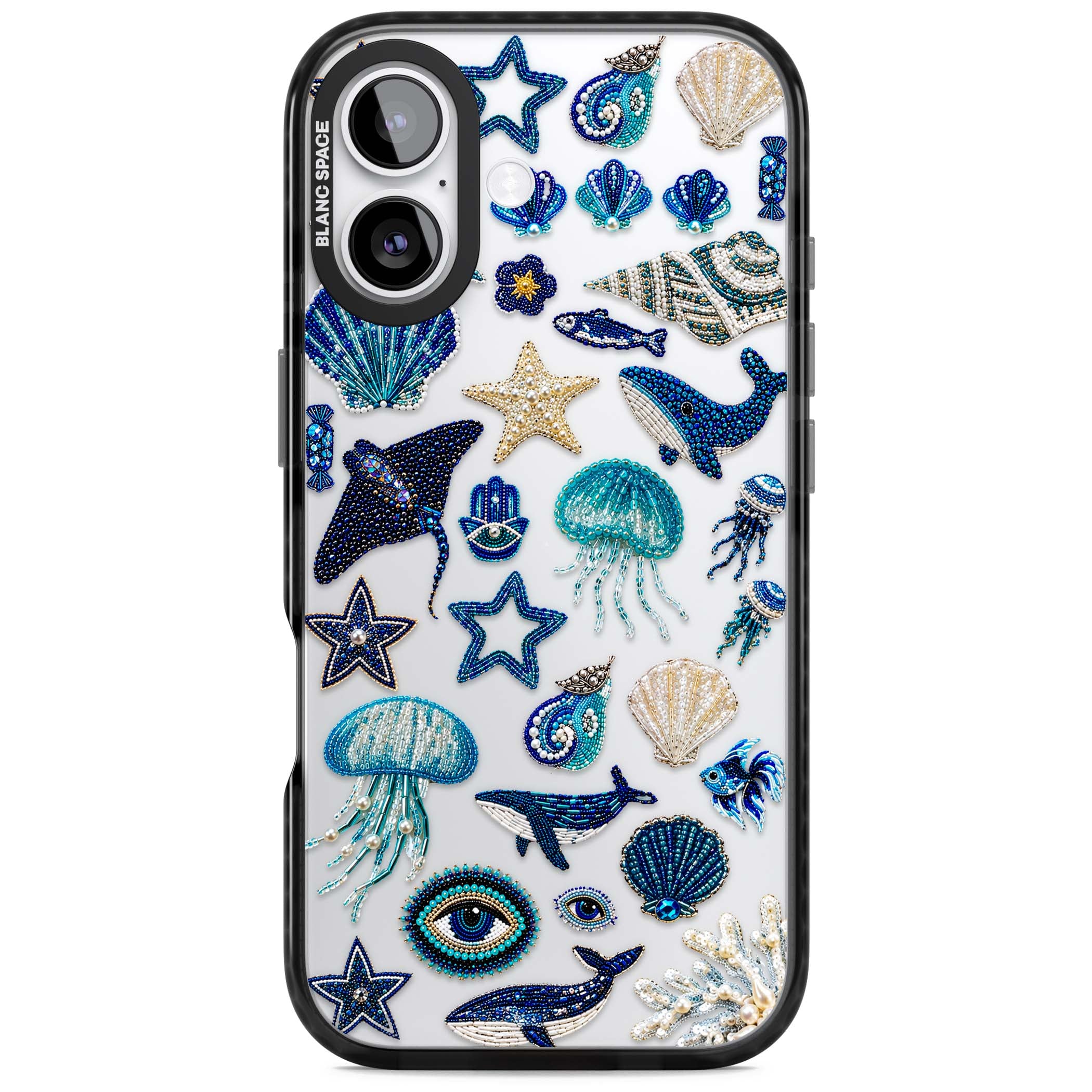 Beaded Coastal coastal iPhone case featuring embroidered seashells, jellyfish and a blue whale on clear | Clear Impact case for iPhone 17