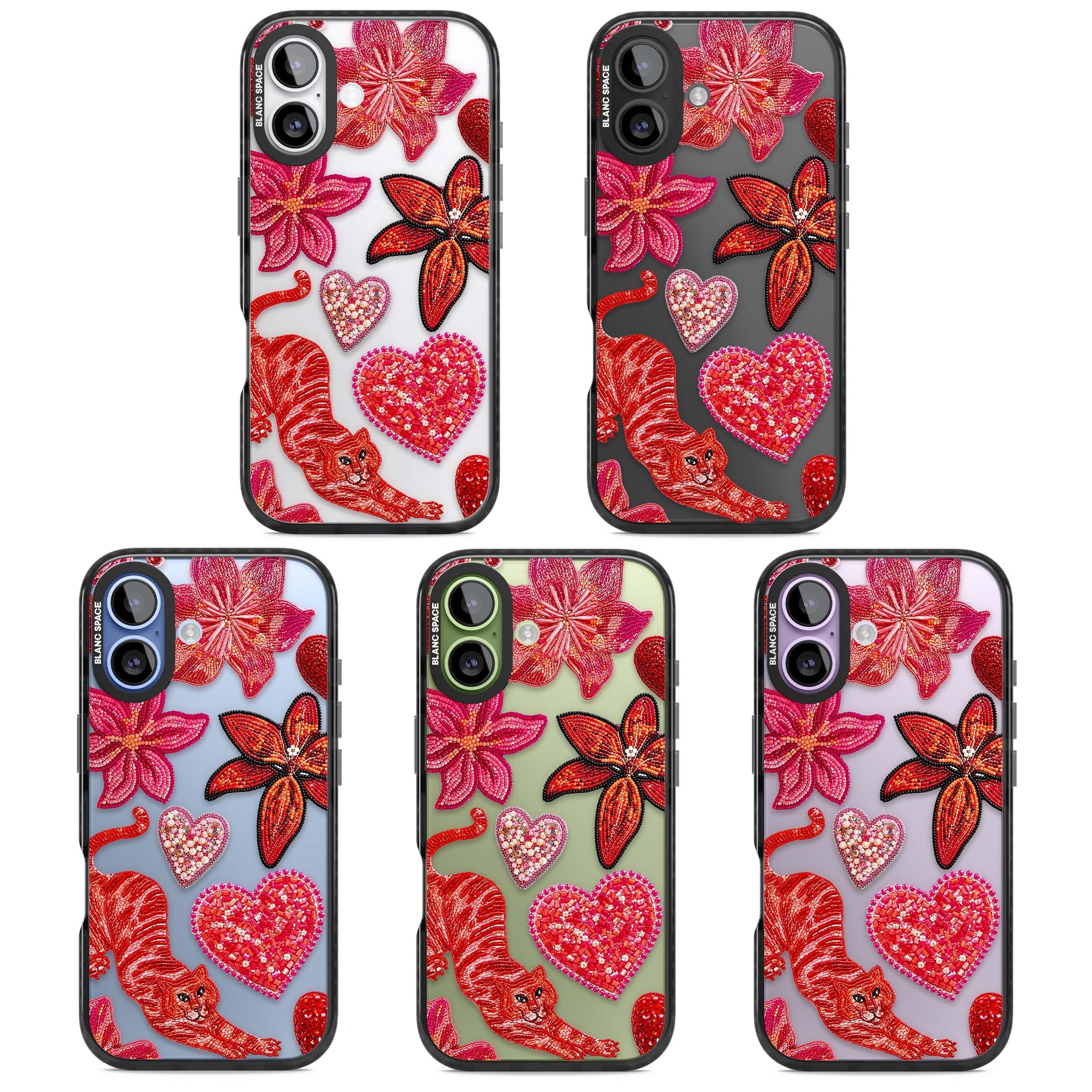 Beaded Boho floral iPhone case featuring beaded red lilies, a stitched tiger, and pearl-encrusted hearts on clear | Clear Impact case for iPhone 17