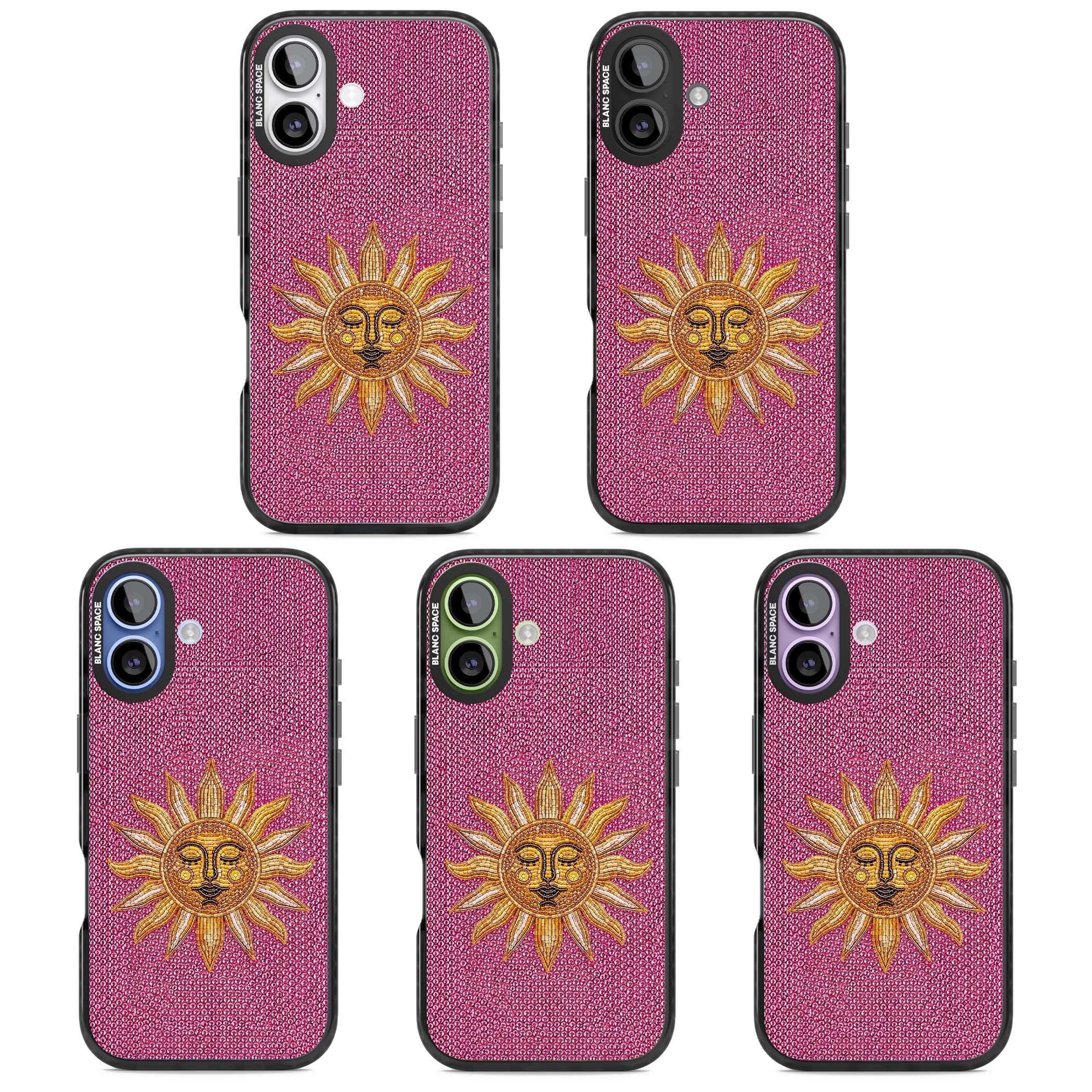 Beaded Sun celestial iPhone case featuring a golden beaded sun face with radiant rays on hot pink beaded background | Clear Impact case for iPhone 17