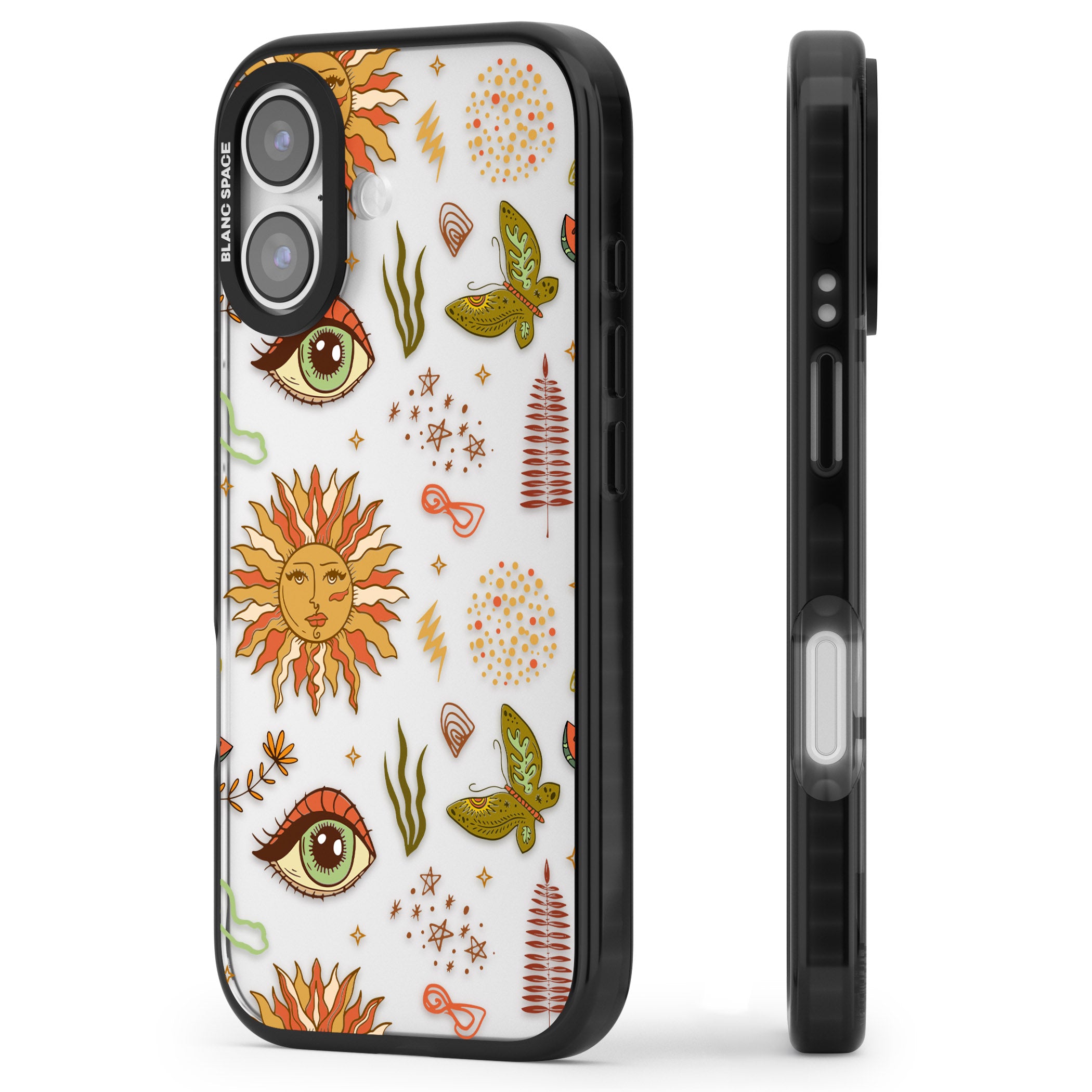 Boho Celestial Sun & Eye Pattern iPhone 17 Impact Black Phone Case Side Profile