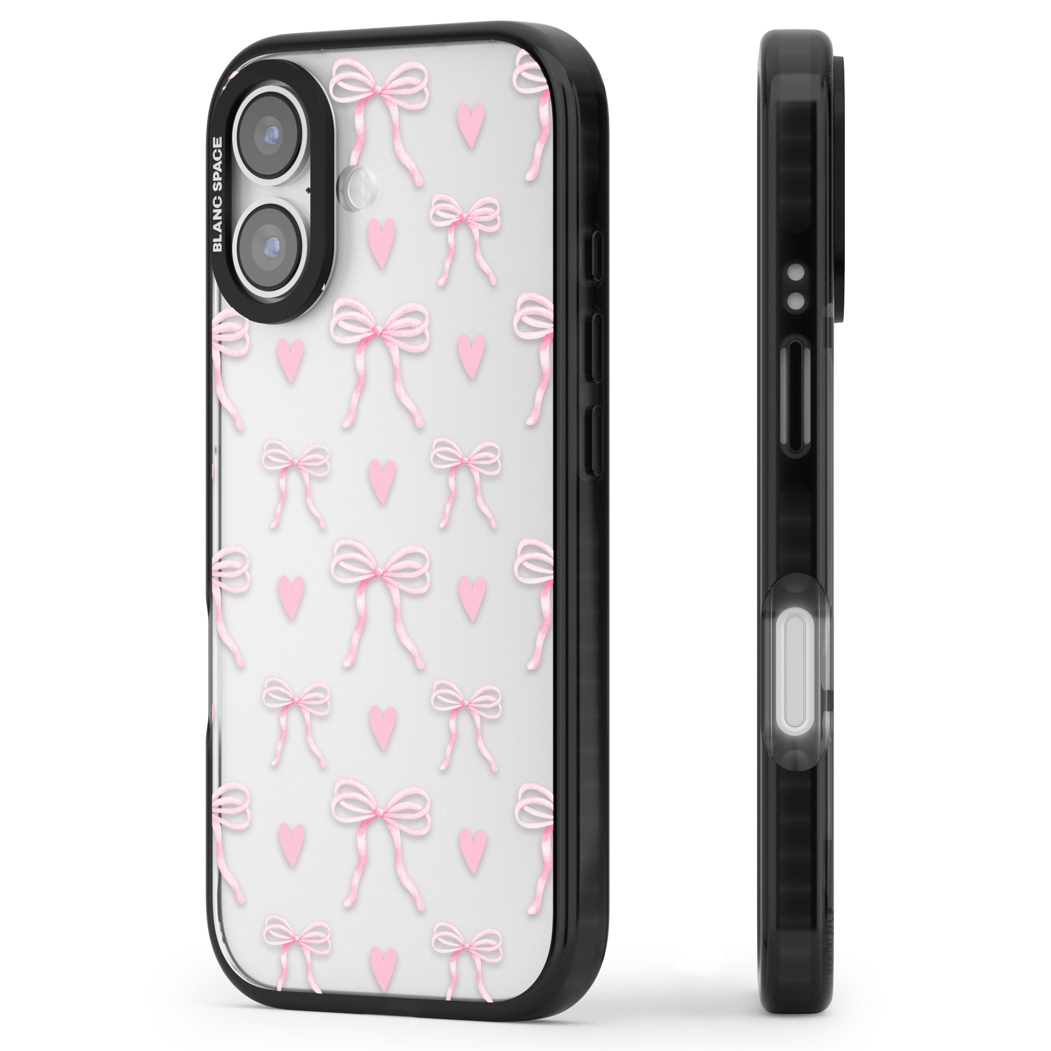 Pink Bows & Hearts iPhone 17 Impact Black Phone Case Side Profile