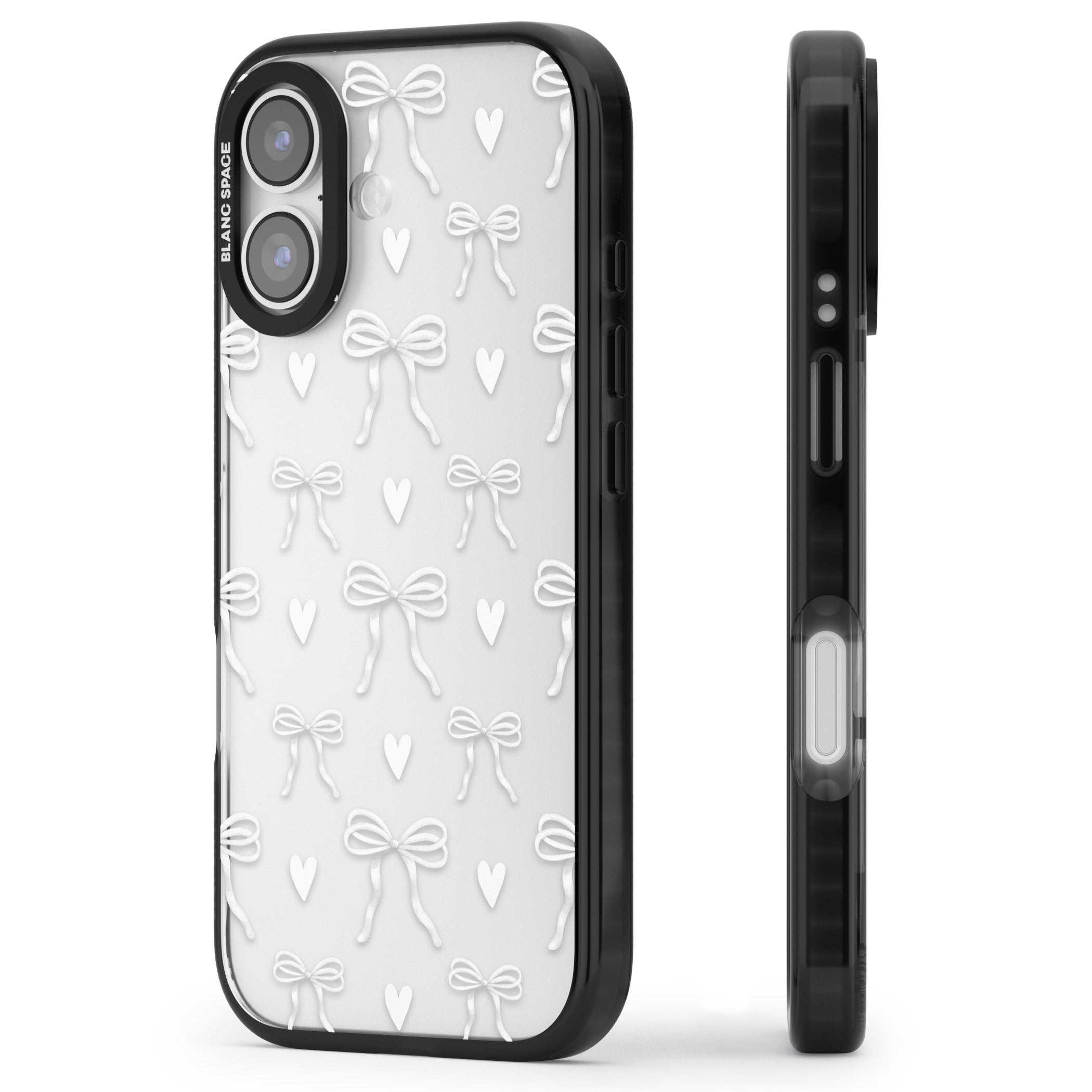 White Bows & Hearts iPhone 17 Impact Black Phone Case Side Profile