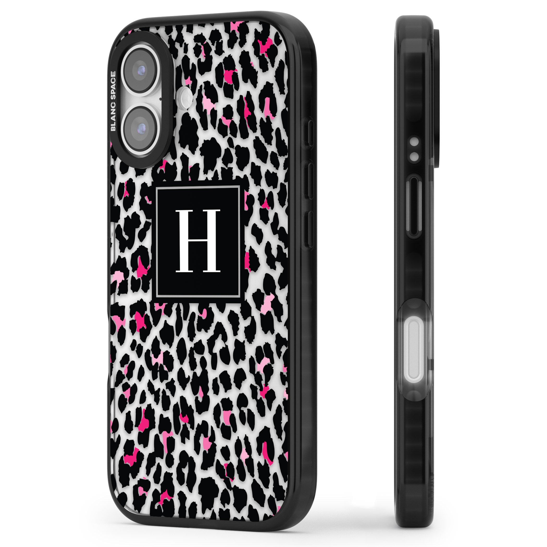 Personalised Clear Pink Leopard Monogram iPhone 17 Impact Black Phone Case Side Profile