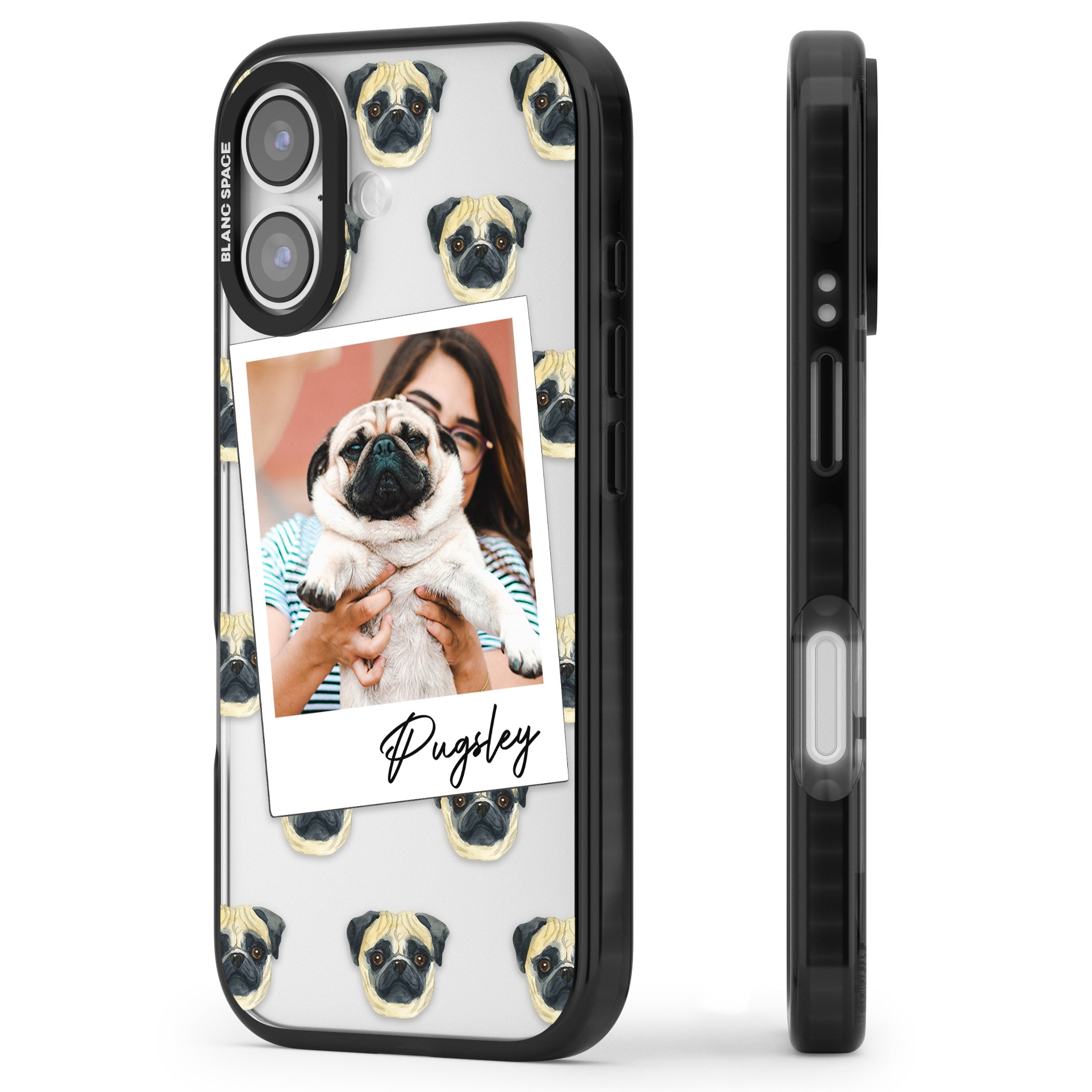 Personalised Pug Instant Camera Photo iPhone 17 Impact Black Phone Case Side Profile