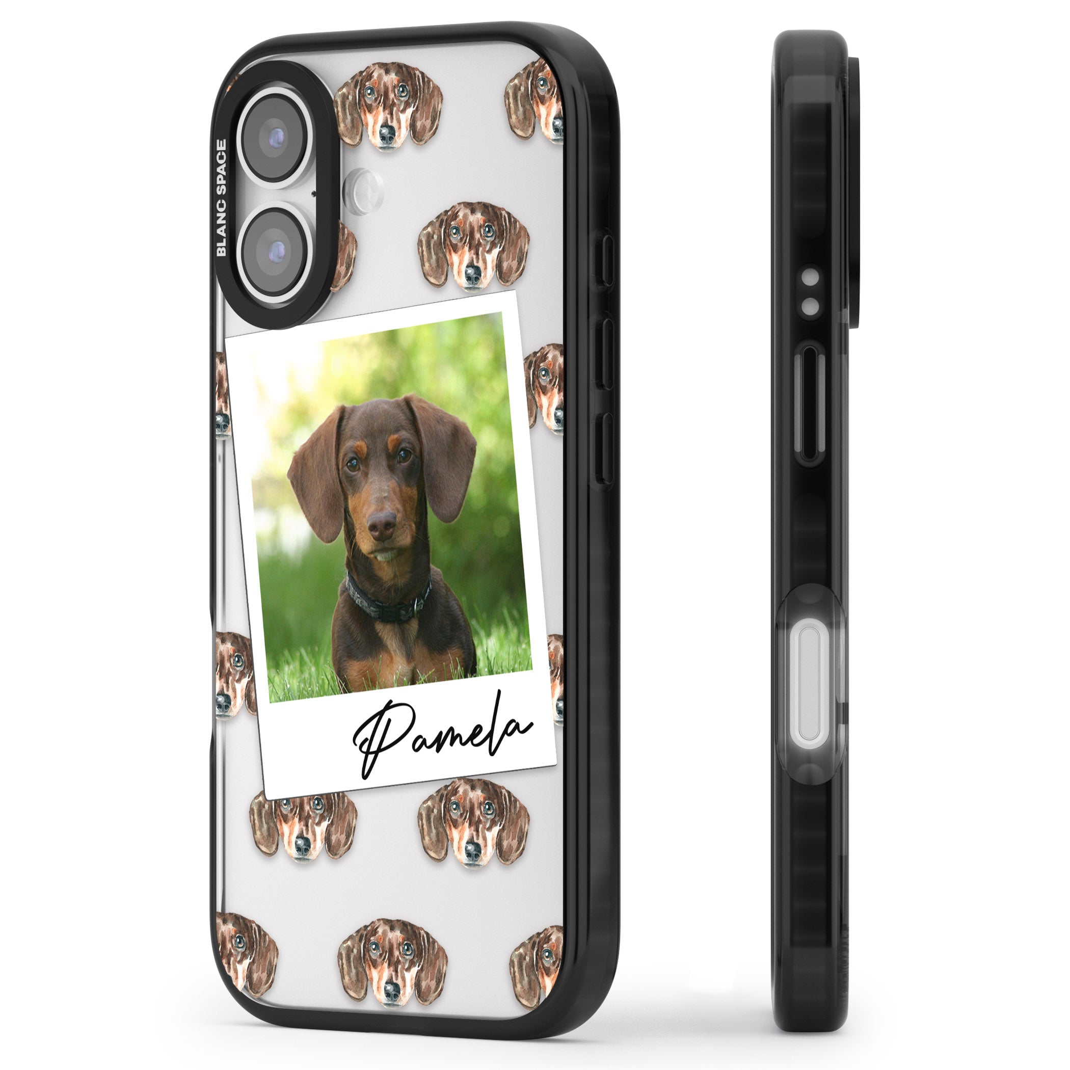 Personalised Brown Dachshund Instant Camera Photo iPhone 17 Impact Black Phone Case Side Profile