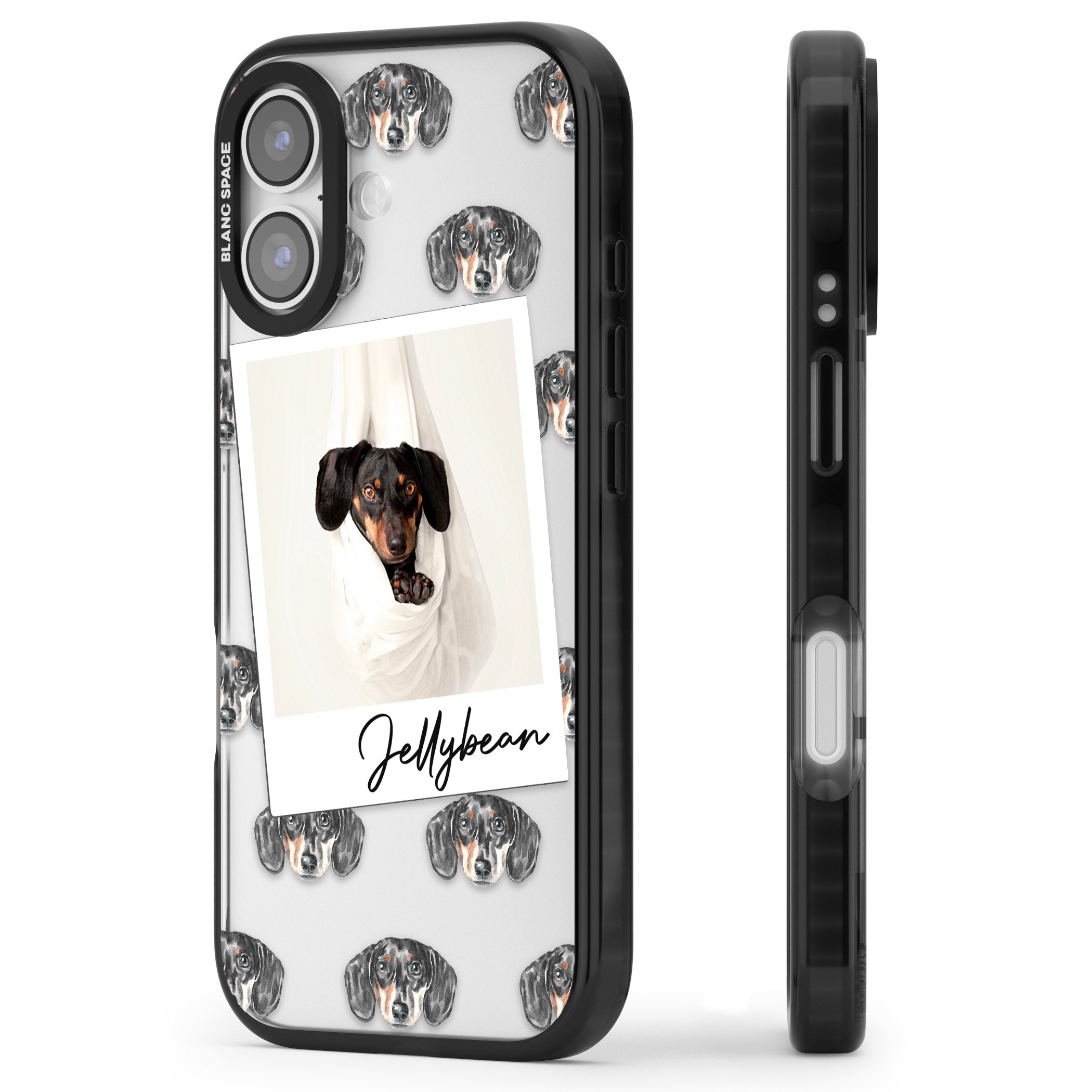 Personalised Black Dachshund Instant Camera Photo iPhone 17 Impact Black Phone Case Side Profile