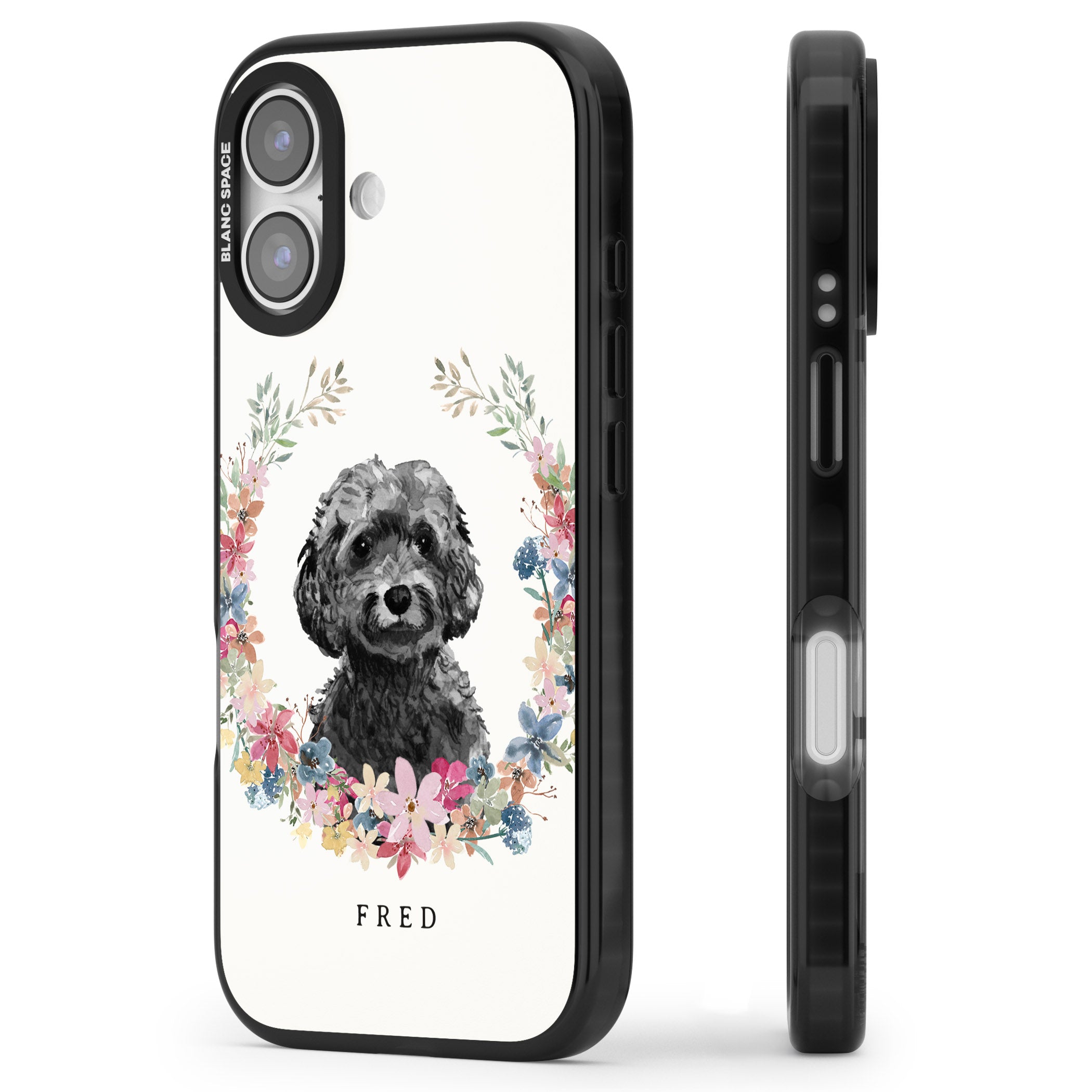 Personalised Black Cockapoo Floral Portrait iPhone 17 Impact Black Phone Case Side Profile