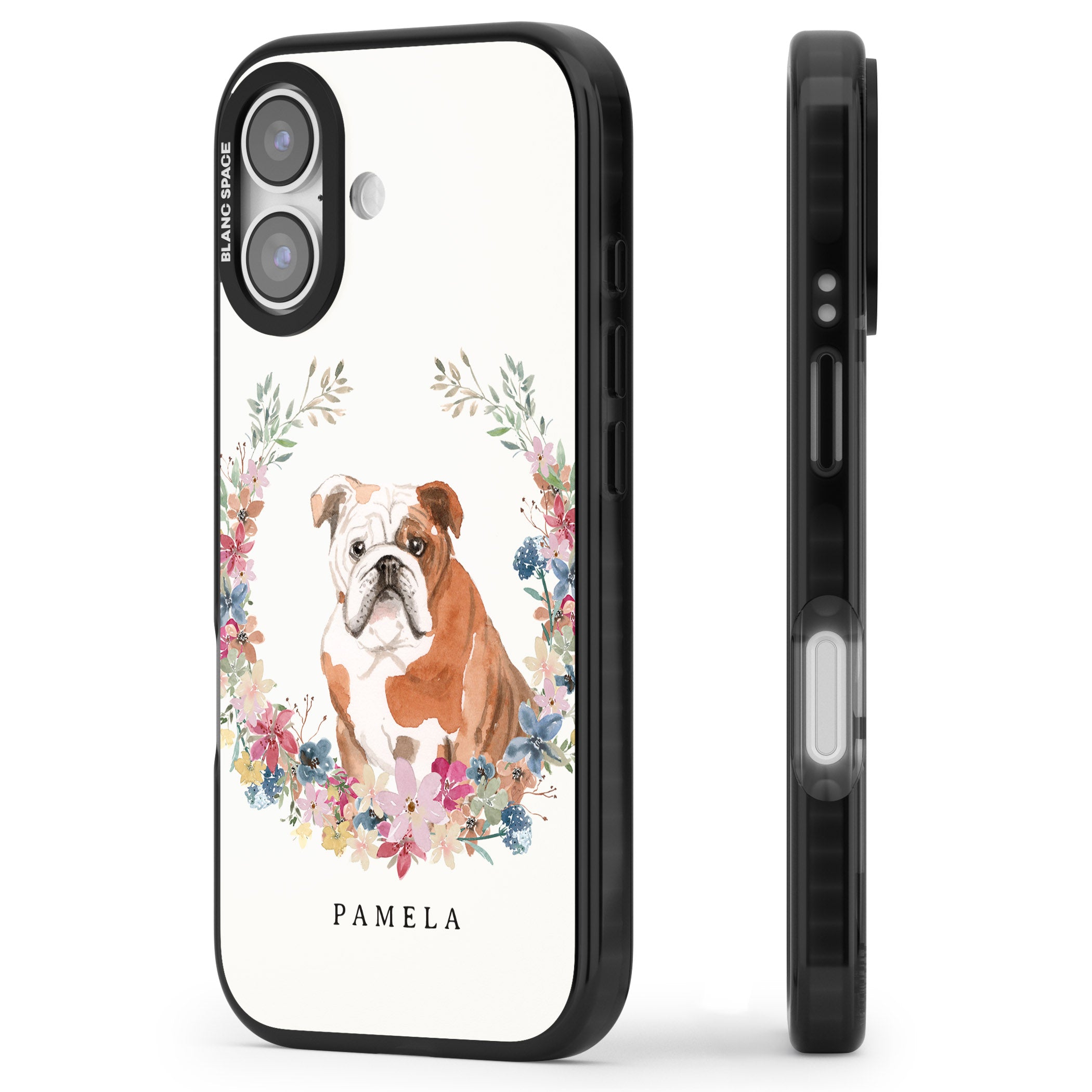 Personalised English Bulldog Floral Portrait iPhone 17 Impact Black Phone Case Side Profile