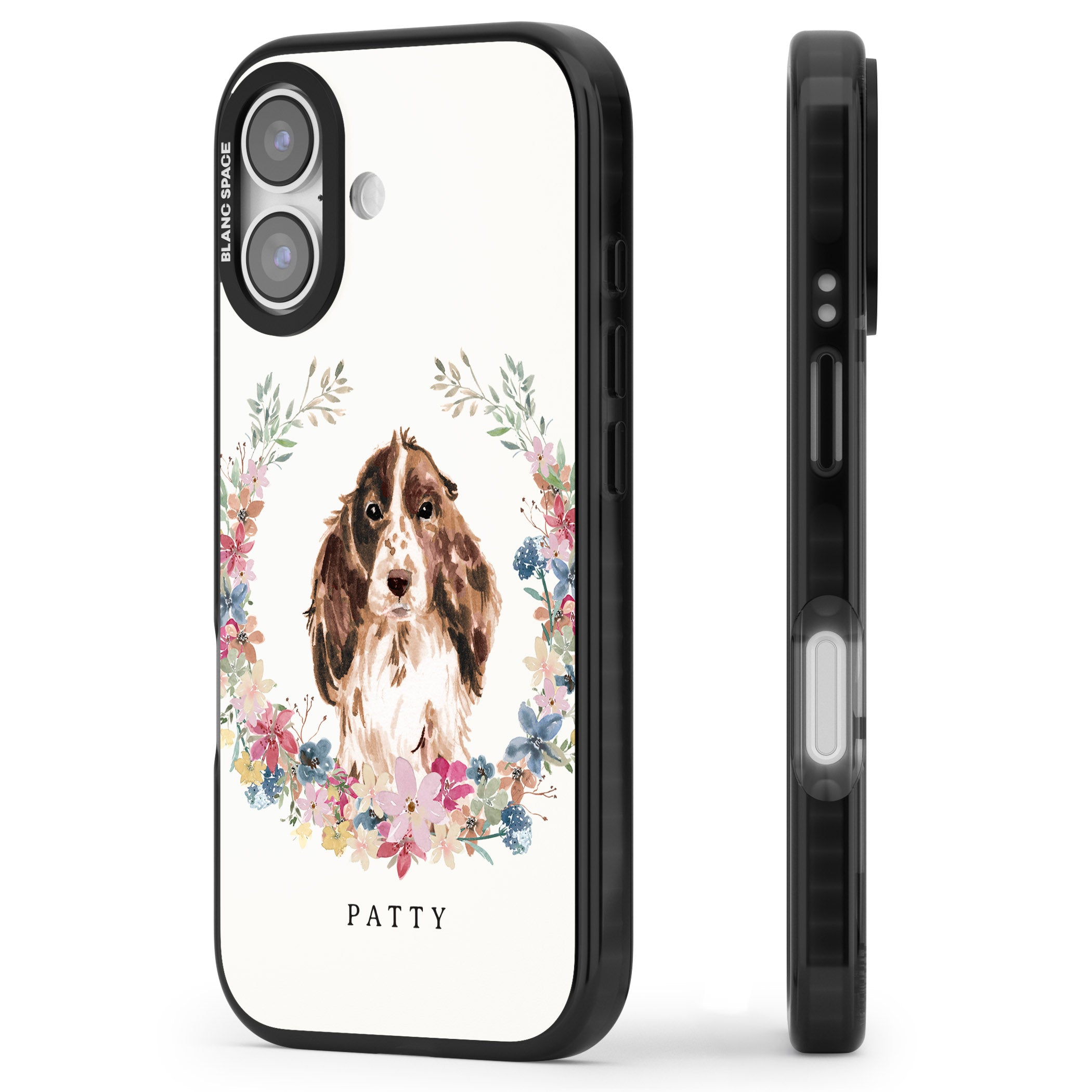 Personalised Cocker Spaniel Floral Portrait iPhone 17 Impact Black Phone Case Side Profile