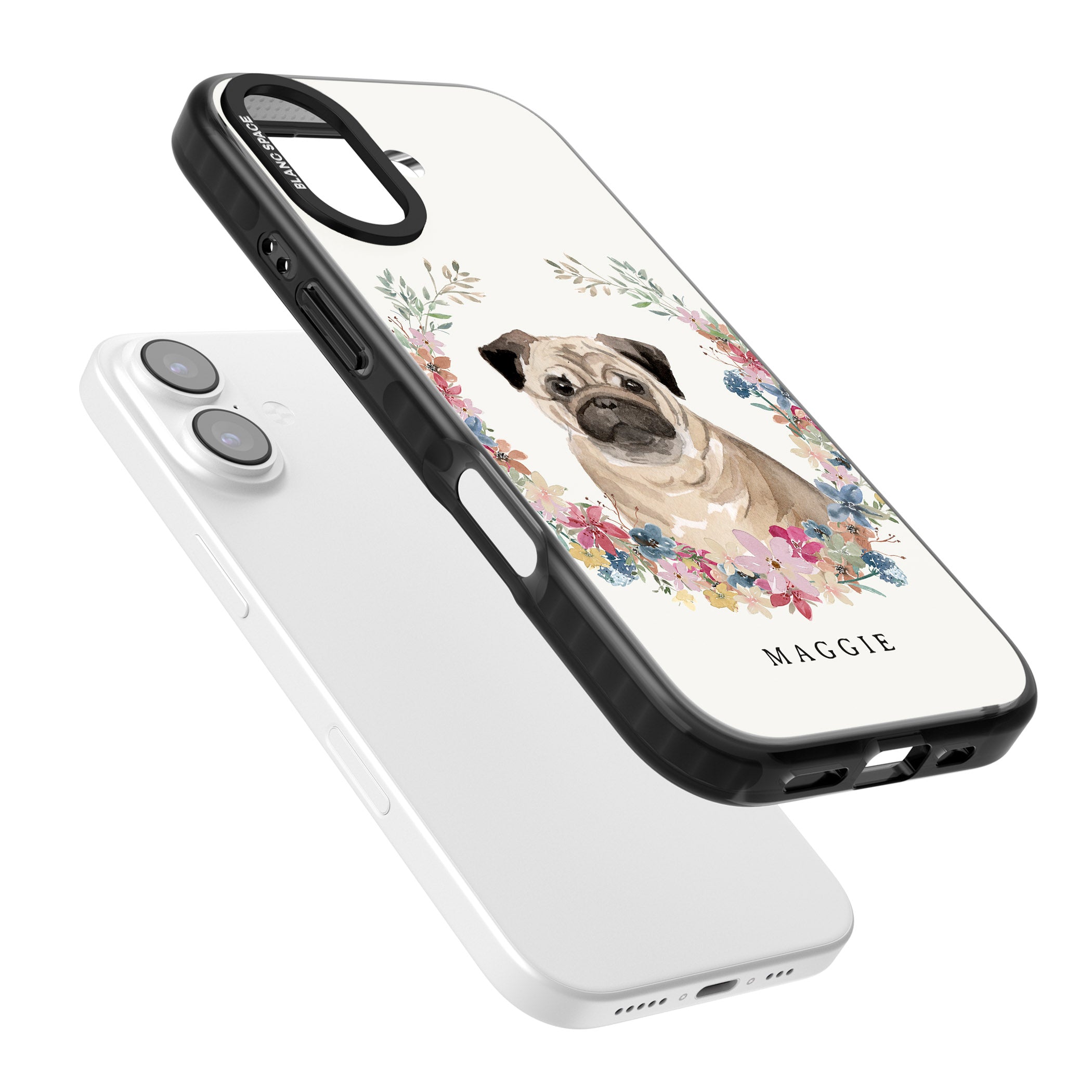 Personalised Pug Floral Portrait iPhone 17 Impact Black Phone Case Colours