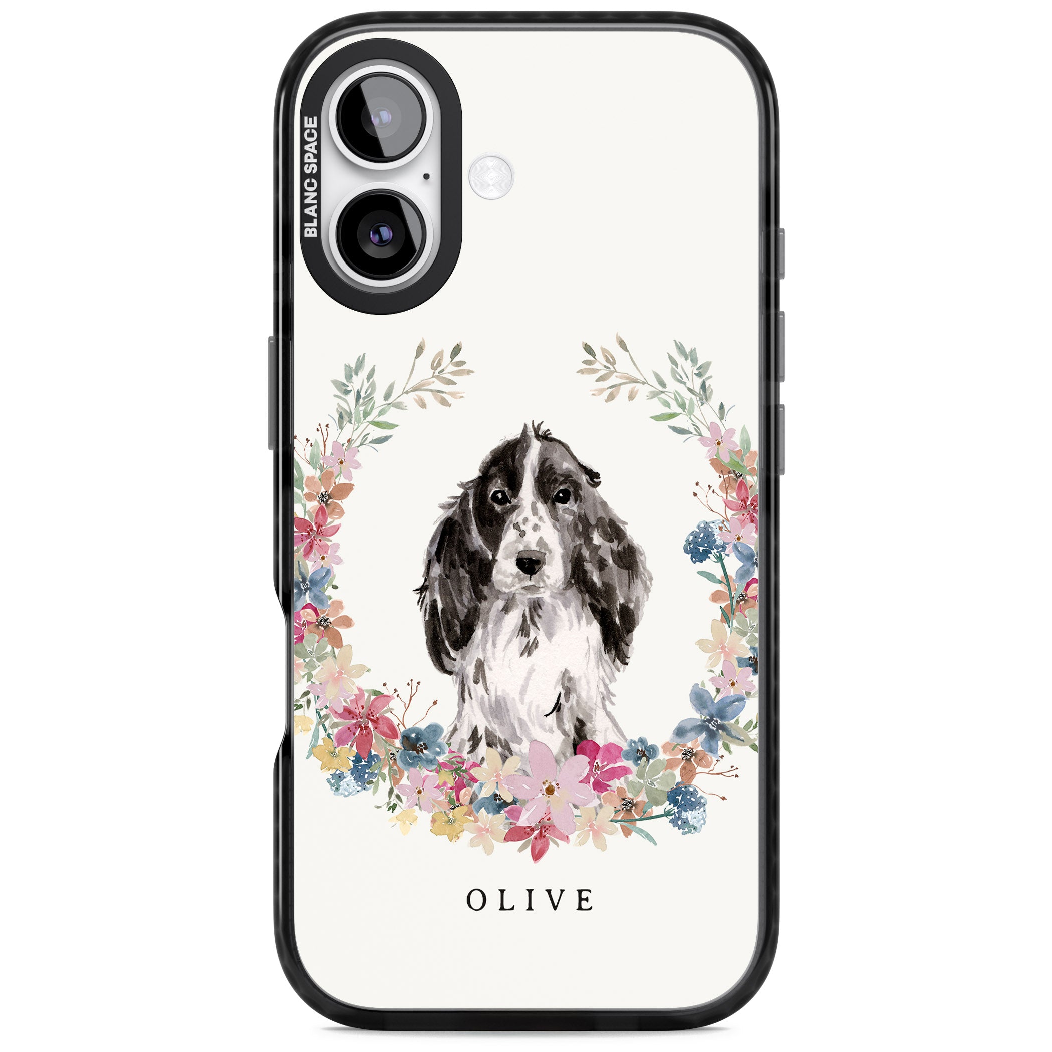 Personalised Black Cocker Spaniel Floral Portrait iPhone 17 Impact Black Phone Case