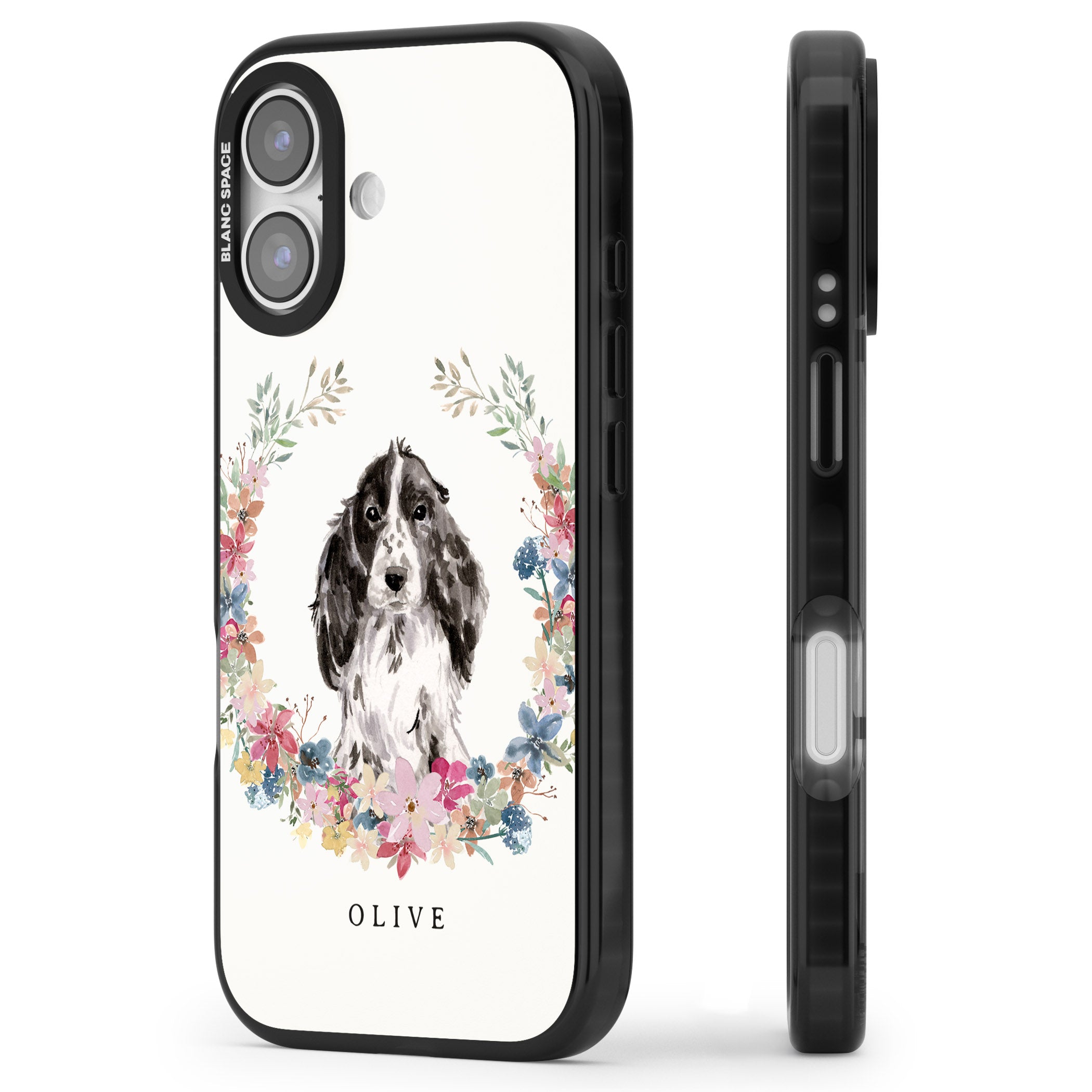 Personalised Black Cocker Spaniel Floral Portrait iPhone 17 Impact Black Phone Case Side Profile