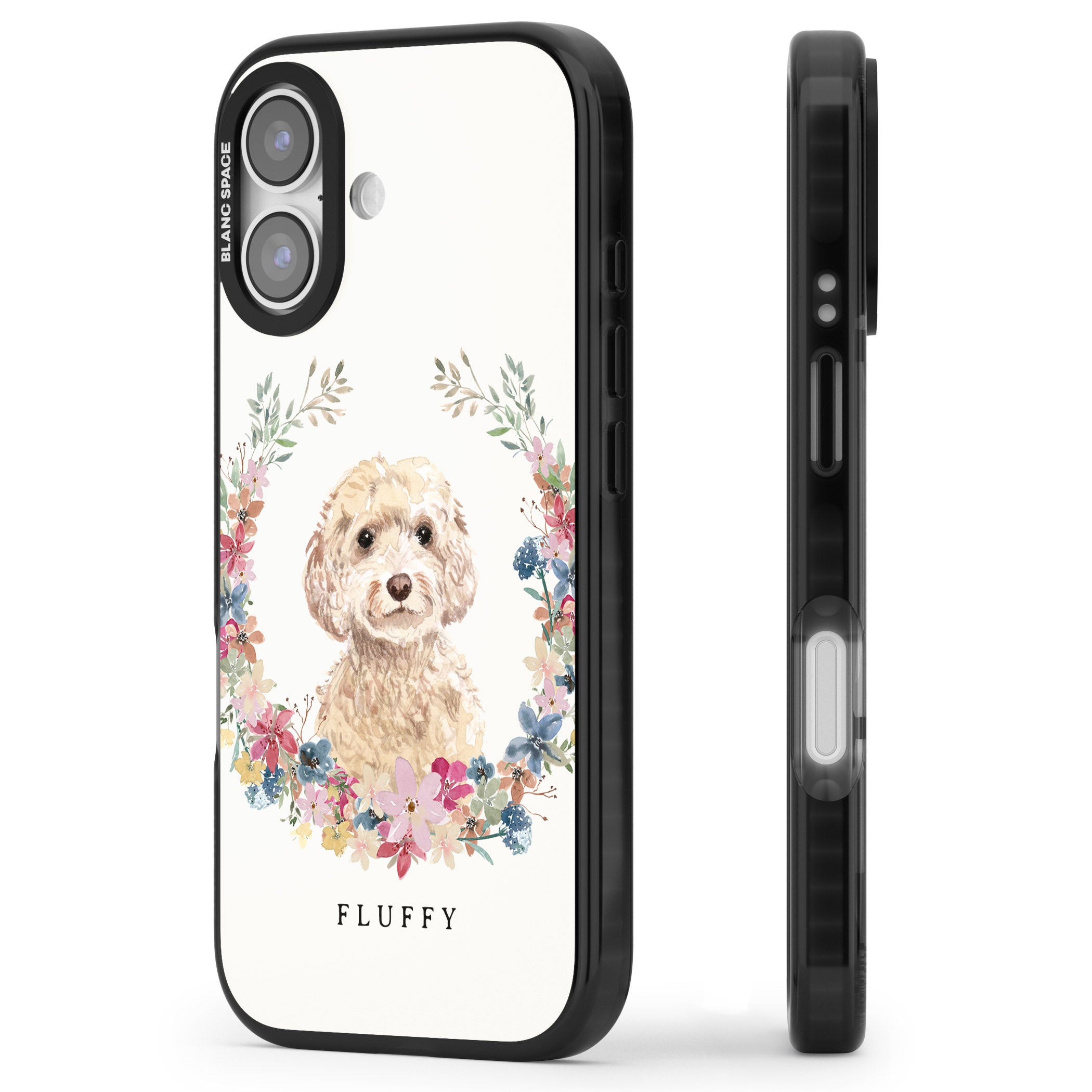 Personalised Champagne Cockapoo Floral Portrait iPhone 17 Impact Black Phone Case Side Profile