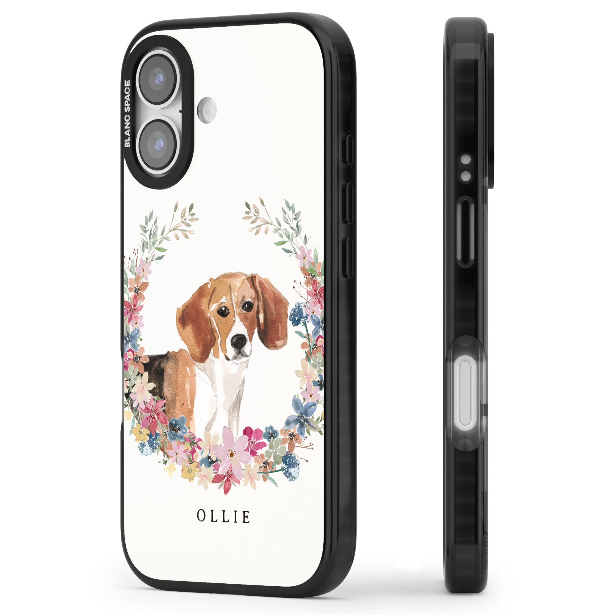 Personalised Beagle Floral Portrait iPhone 17 Impact Black Phone Case Side Profile