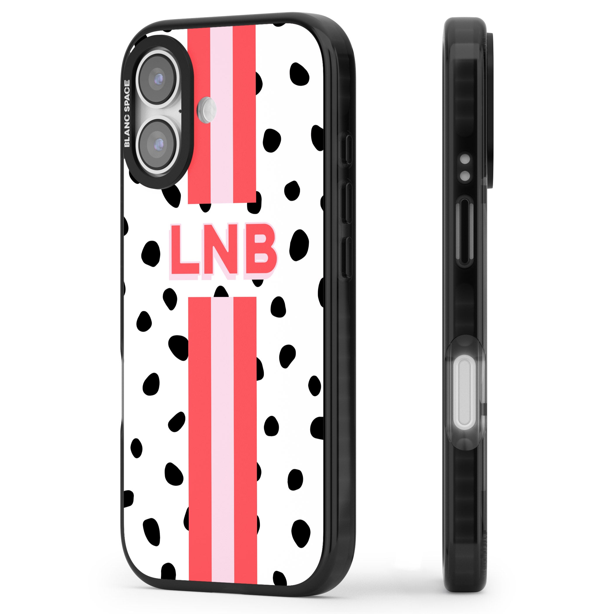 Personalised Polka & Pink Stripe iPhone 17 Impact Black Phone Case Side Profile