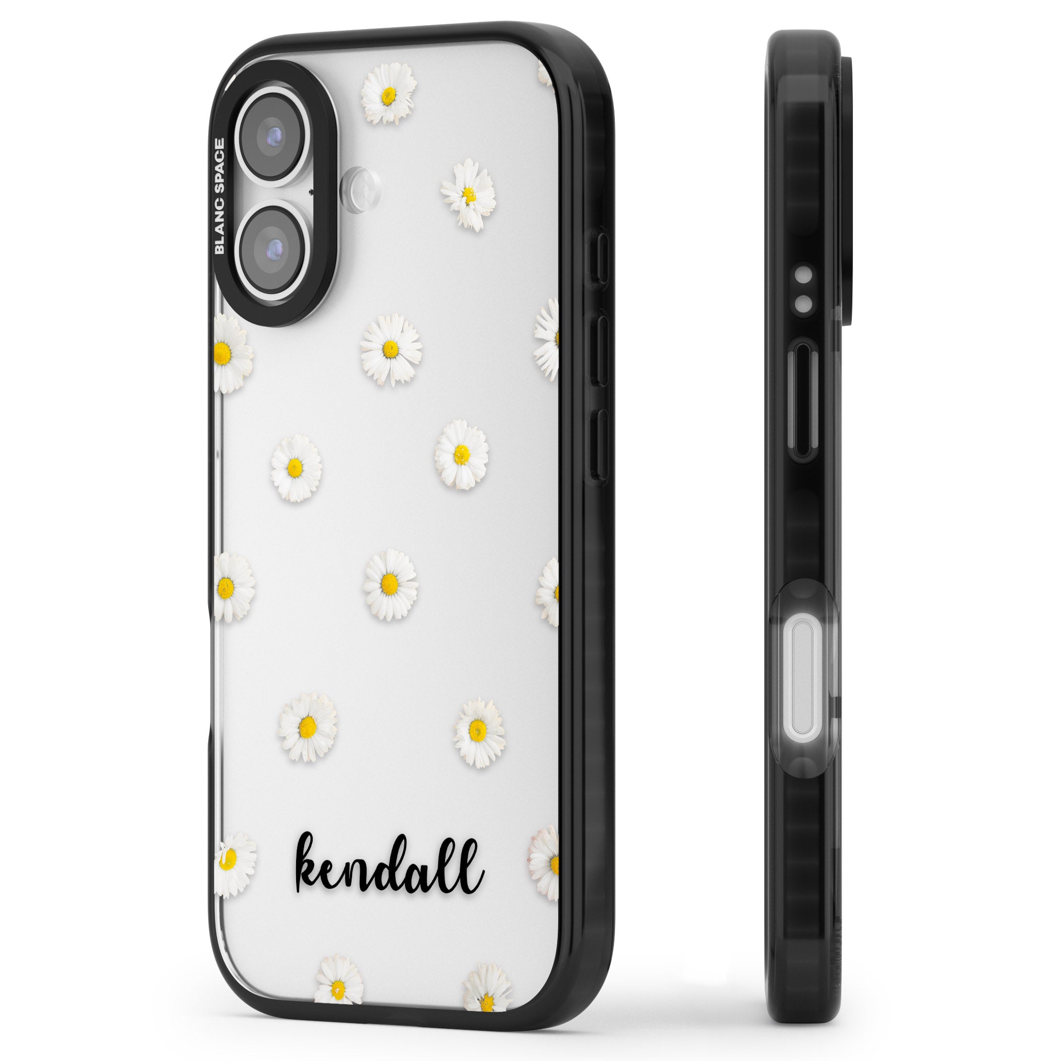 Personalised White Daisies & Cursive iPhone 17 Impact Black Phone Case Side Profile