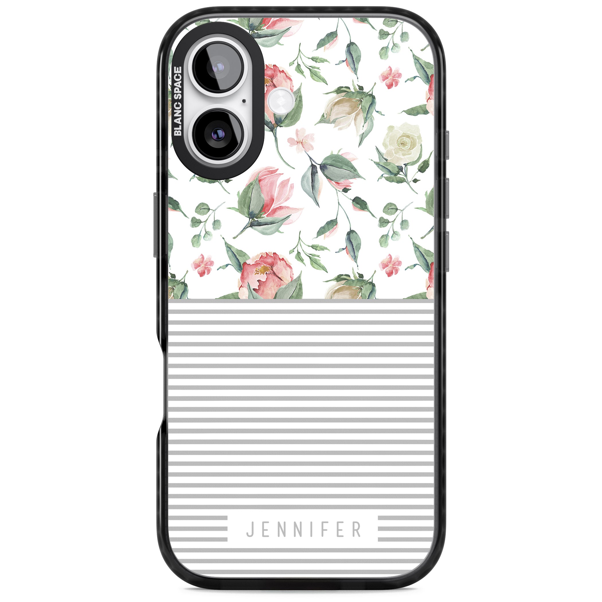 Personalised Light Floral Pattern & Stripes iPhone 17 Impact Black Phone Case