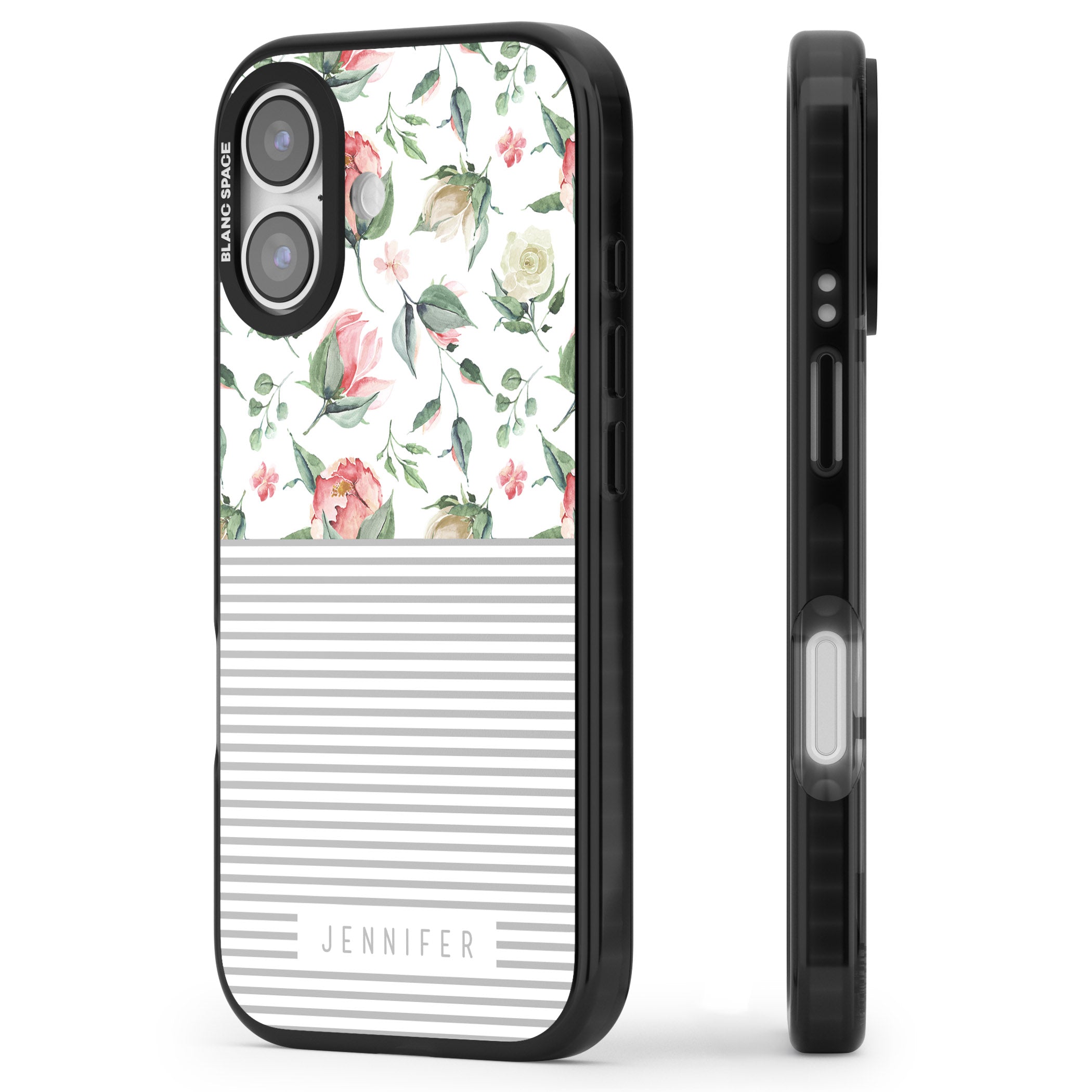 Personalised Light Floral Pattern & Stripes iPhone 17 Impact Black Phone Case Side Profile