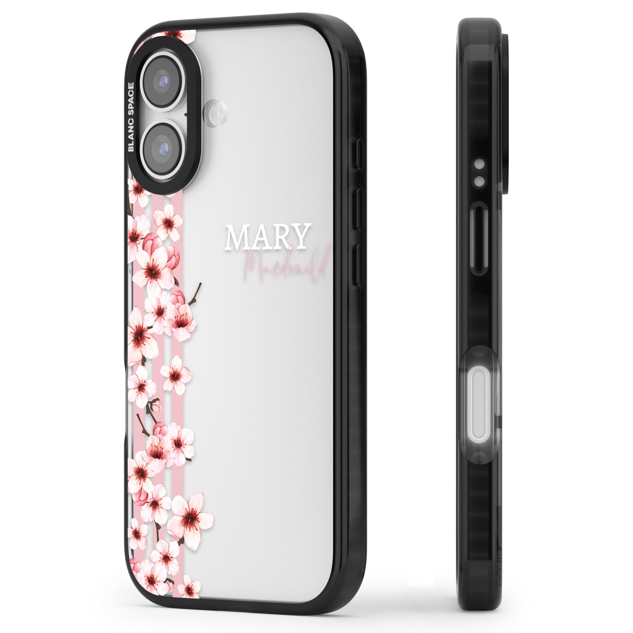 Personalised Cherry Blossom Stripes iPhone 17 Impact Black Phone Case Side Profile