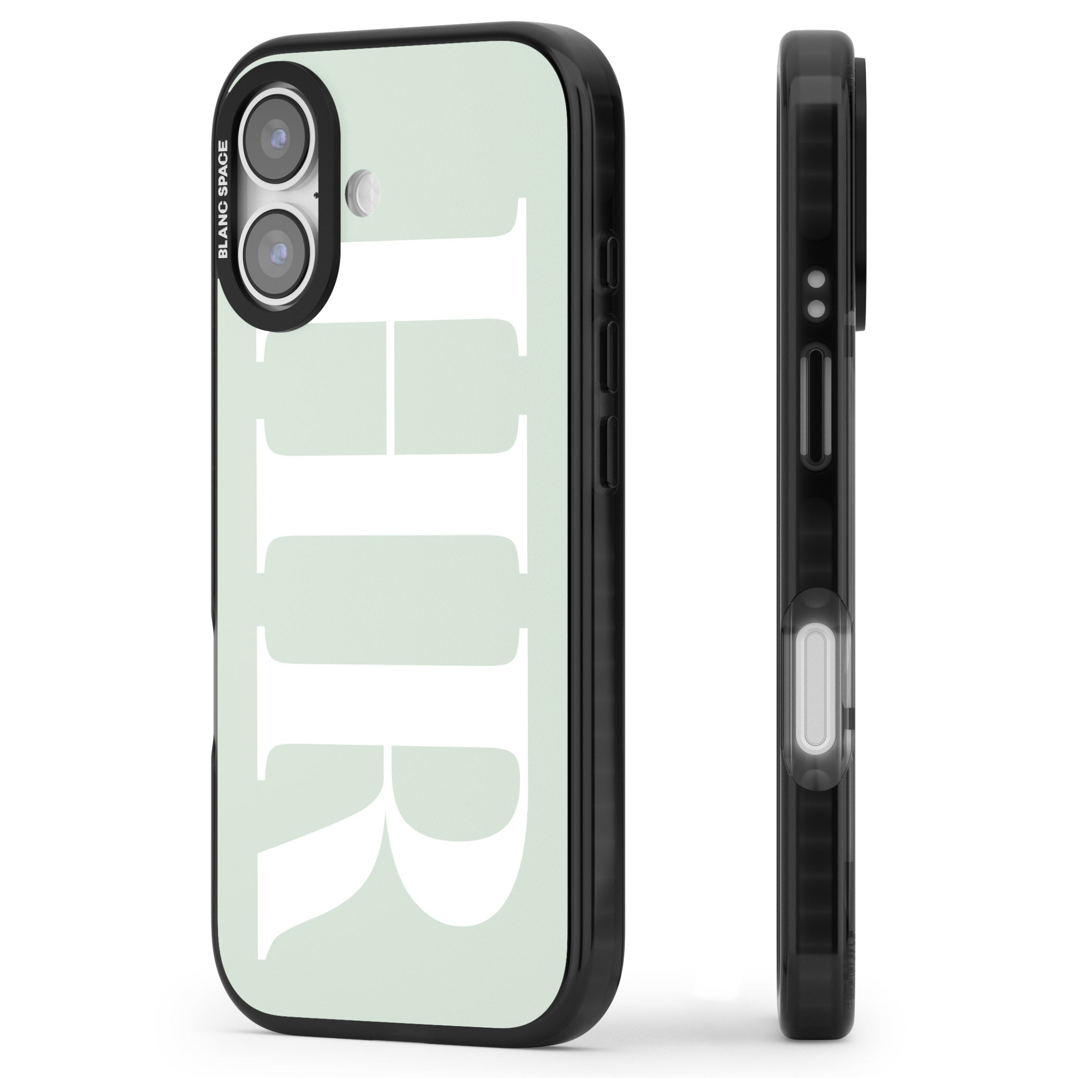 Personalised White & Seafoam Green Letters iPhone 17 Impact Black Phone Case Side Profile