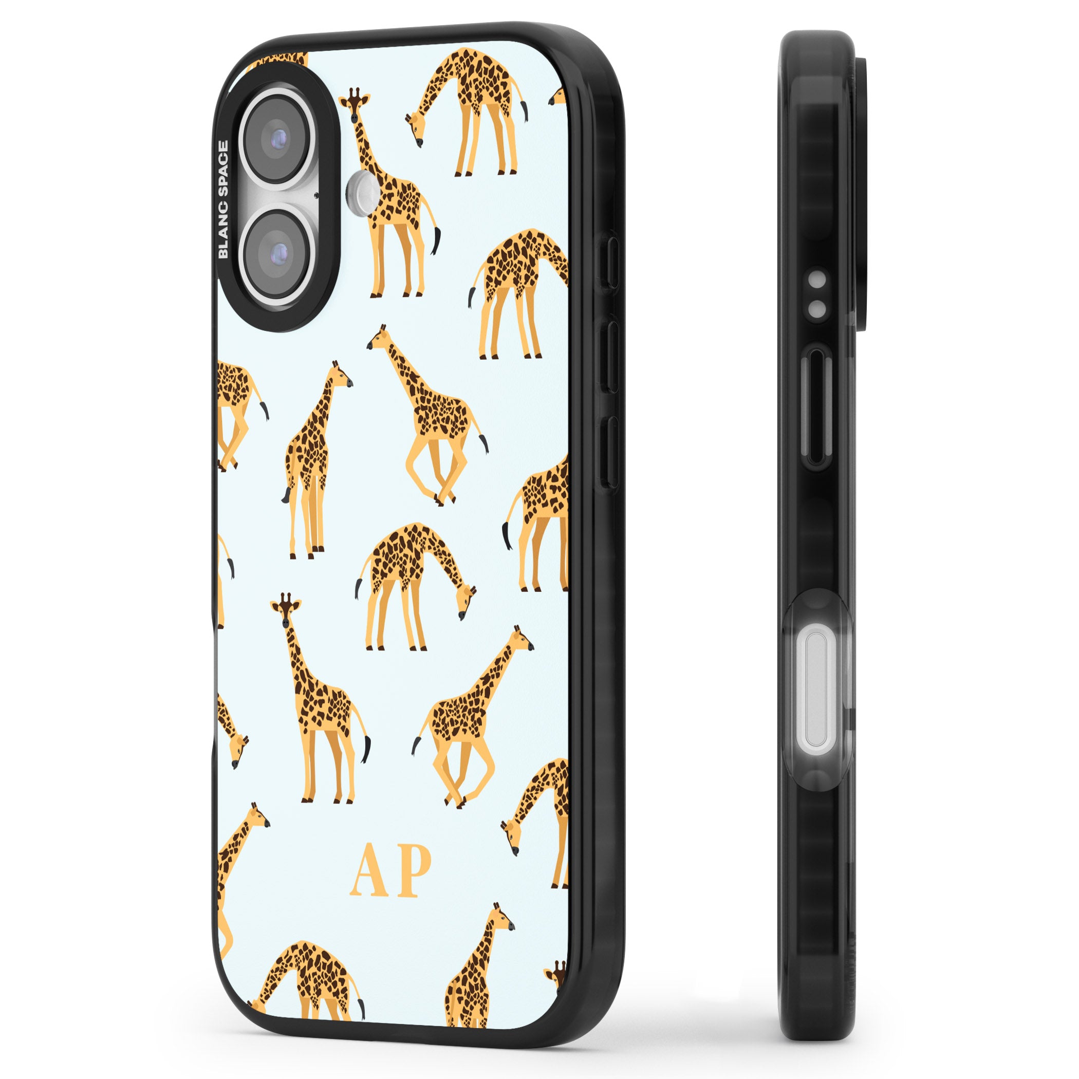 Personalised Safari Giraffe Pattern On Blue iPhone 17 Impact Black Phone Case Side Profile