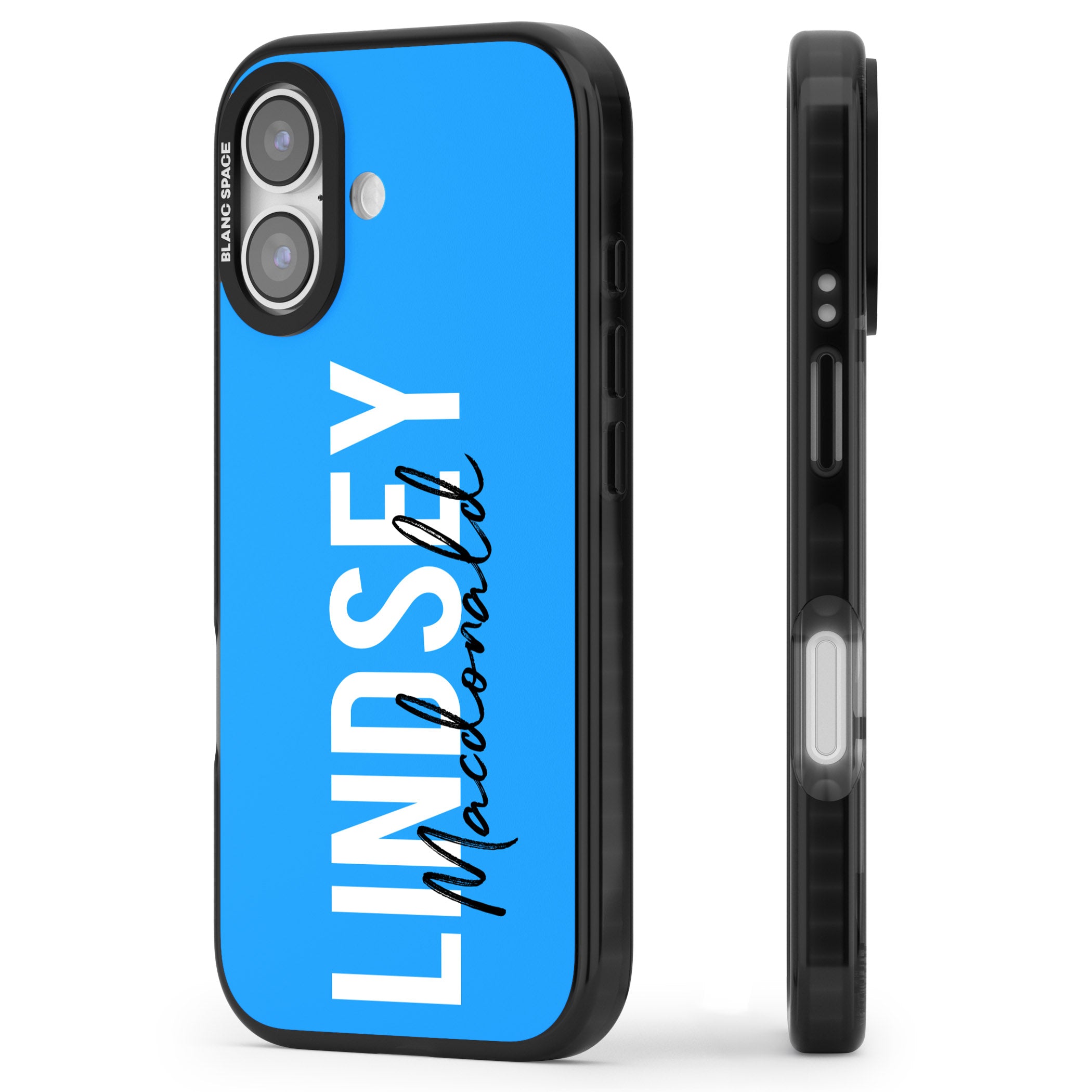 Personalised Bold Name: Blue iPhone 17 Impact Black Phone Case Side Profile