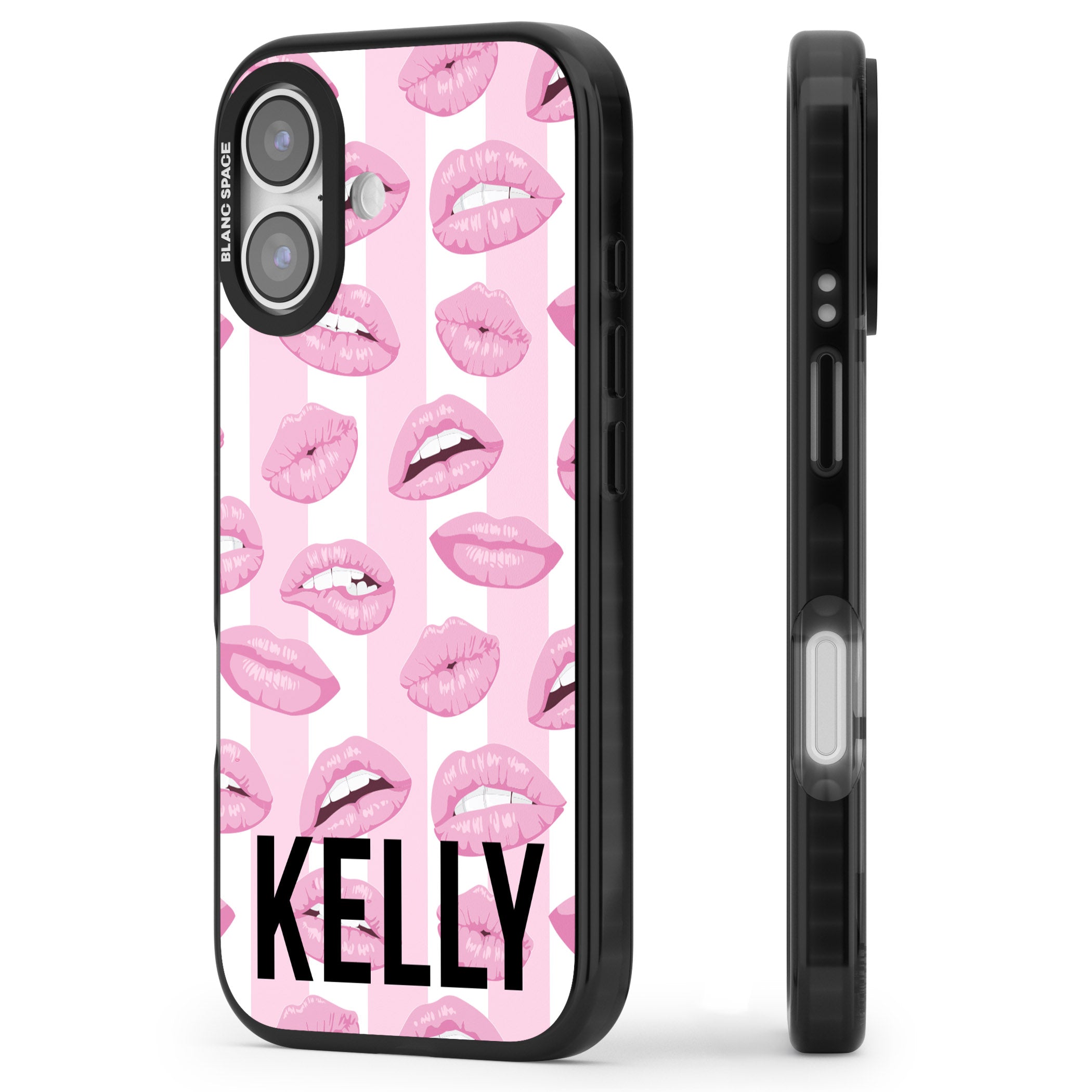 Personalised Pink Stripes & Lips iPhone 17 Impact Black Phone Case Side Profile