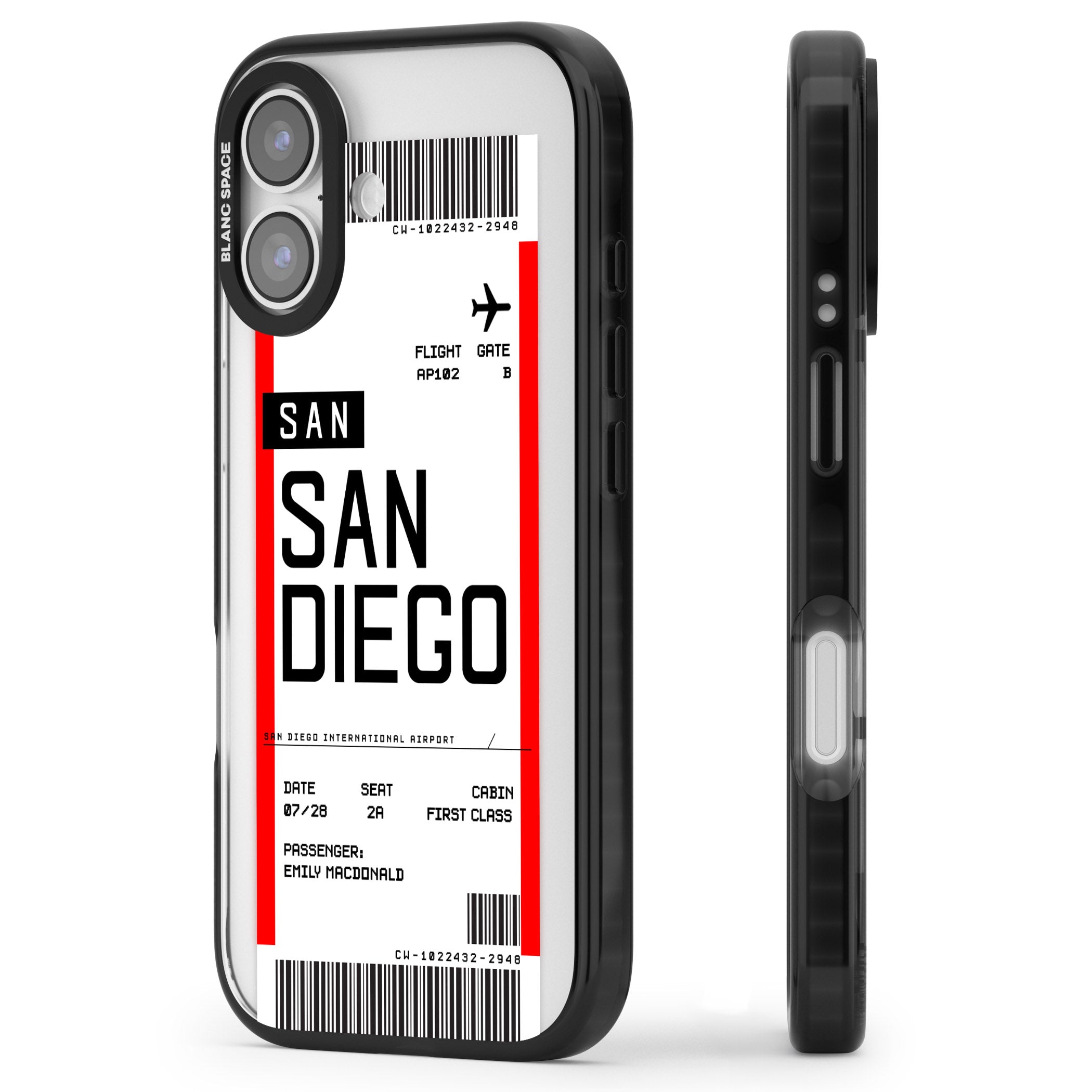 Personalised San Diego Boarding Pass iPhone 17 Impact Black Phone Case Side Profile