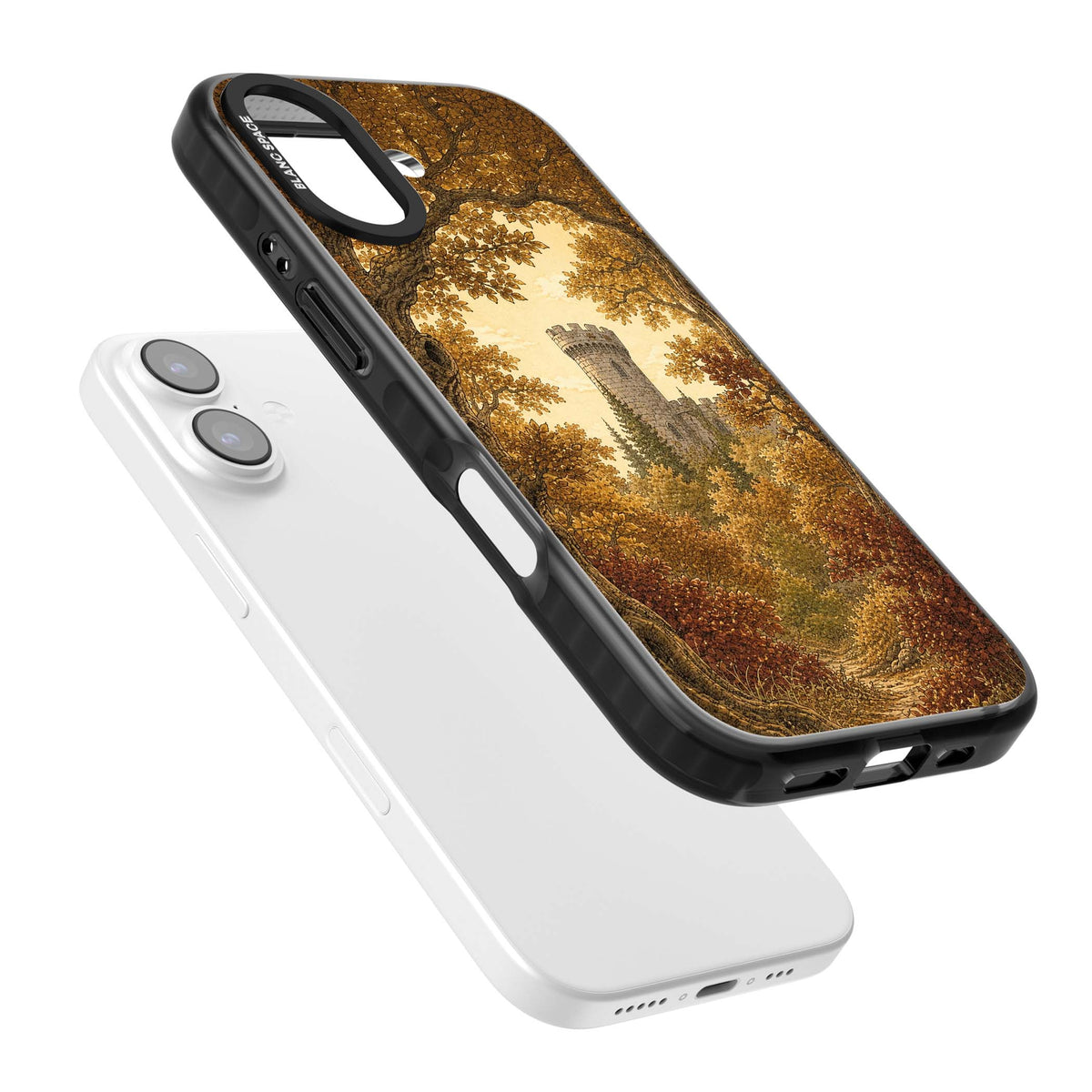 Autumn Keep cottagecore iPhone case featuring a medieval castle tower framed by golden autumn trees and woodland foliage | Clear Impact case for iPhone 17