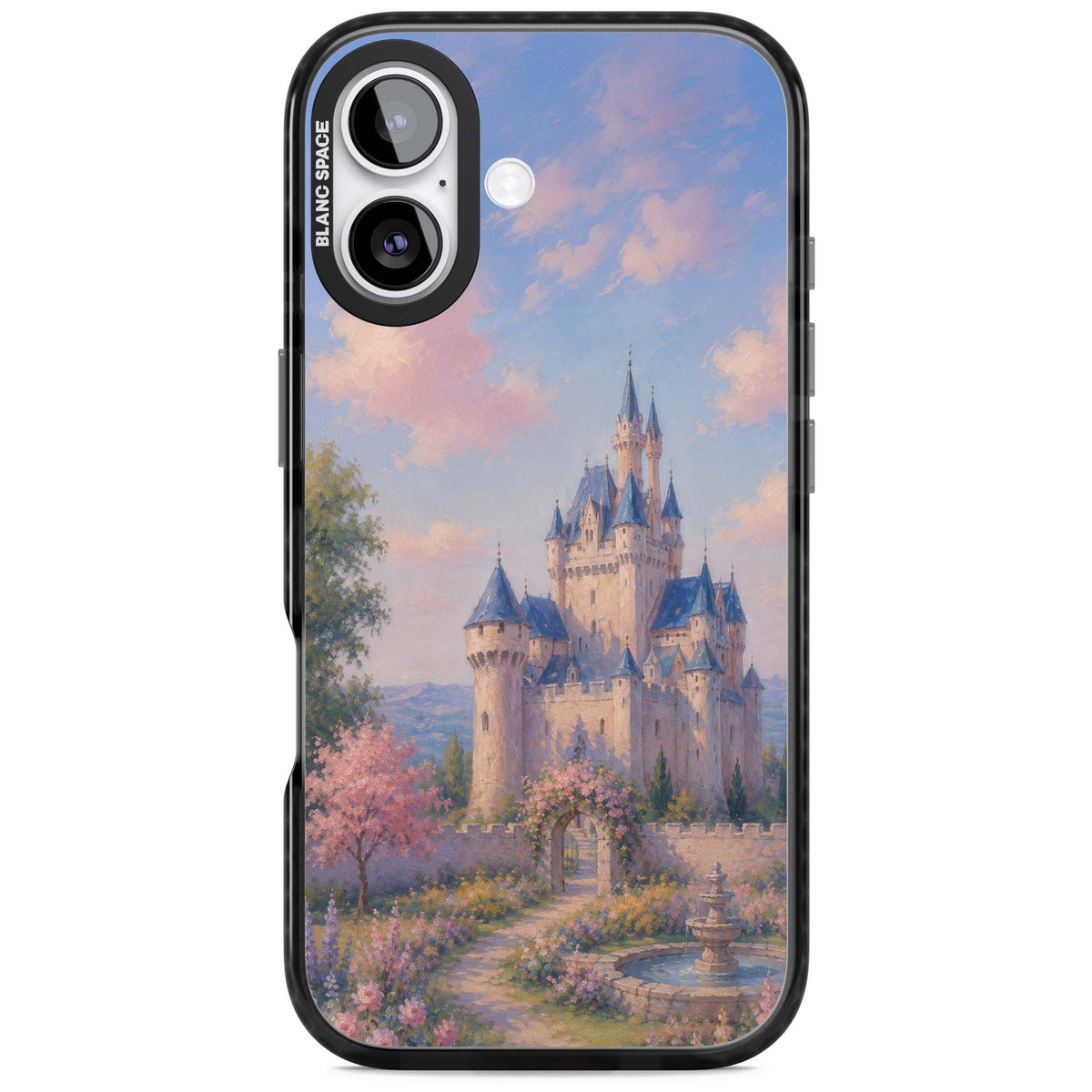 Enchanted Kingdom fairytale iPhone case featuring a romantic castle painting with cherry blossoms and pastel pink sky | Clear Impact case for iPhone 17