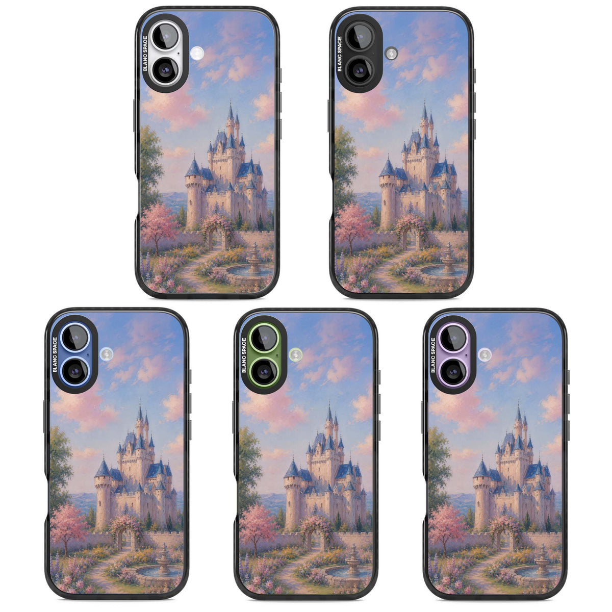 Enchanted Kingdom fairytale iPhone case featuring a romantic castle painting with cherry blossoms and pastel pink sky | Clear Impact case for iPhone 17
