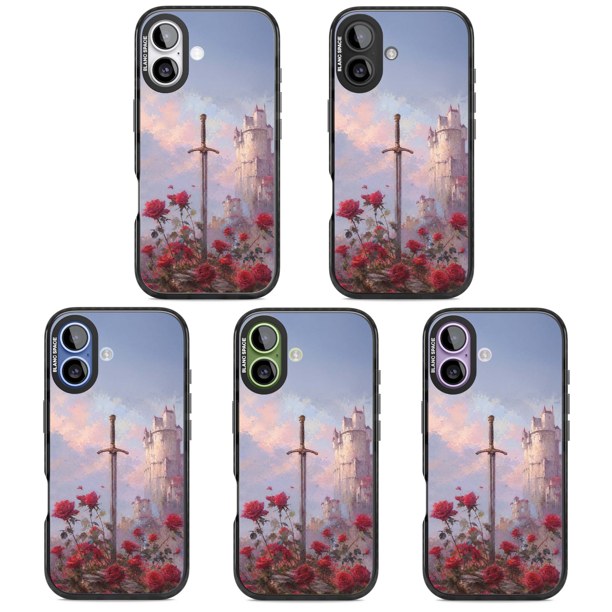 Sword in Roses medieval art iPhone case featuring a sword, red roses, and a misty fairytale castle at sunset | Clear Impact case for iPhone 17