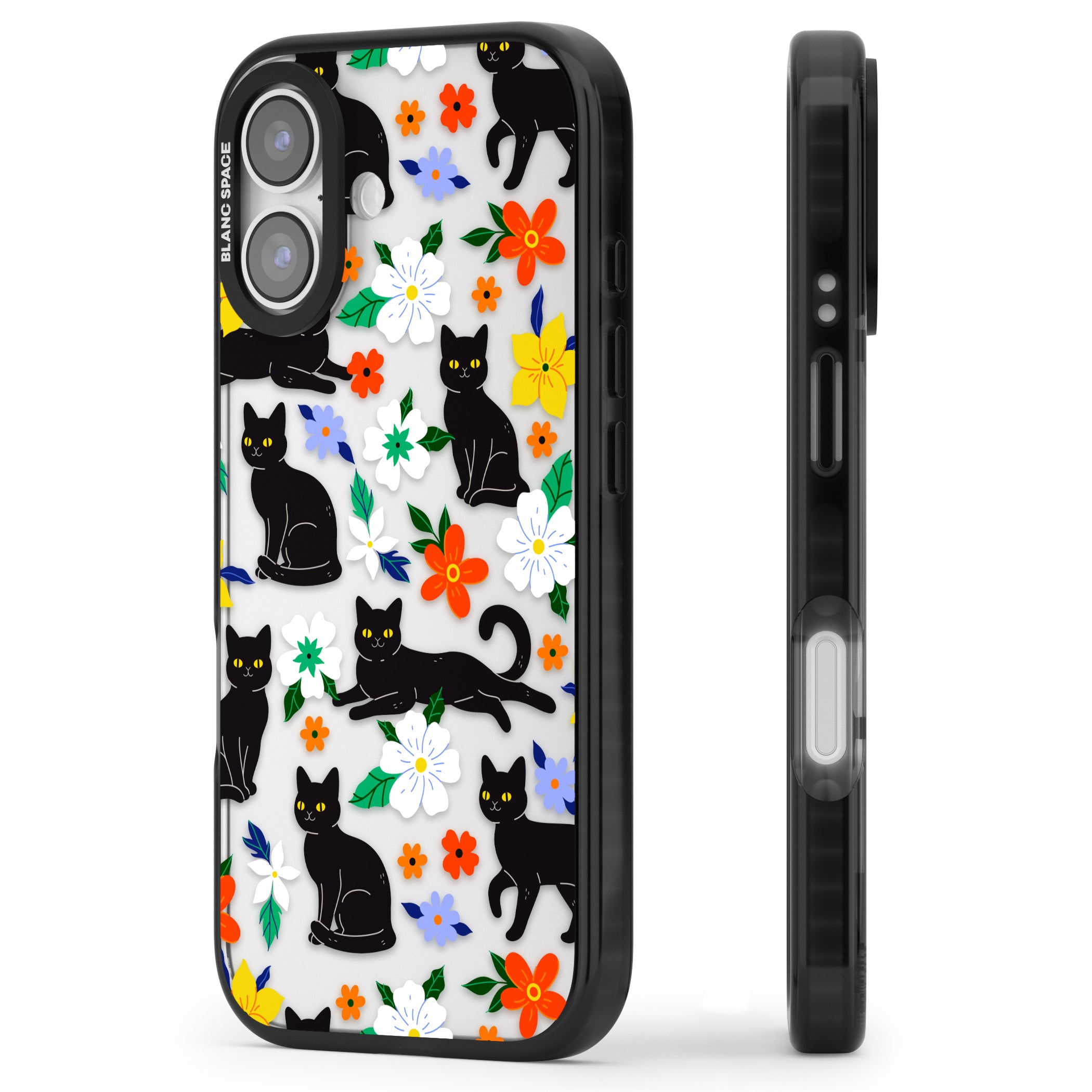 Cats Flowers iPhone 17 Impact Black Phone Case Side Profile