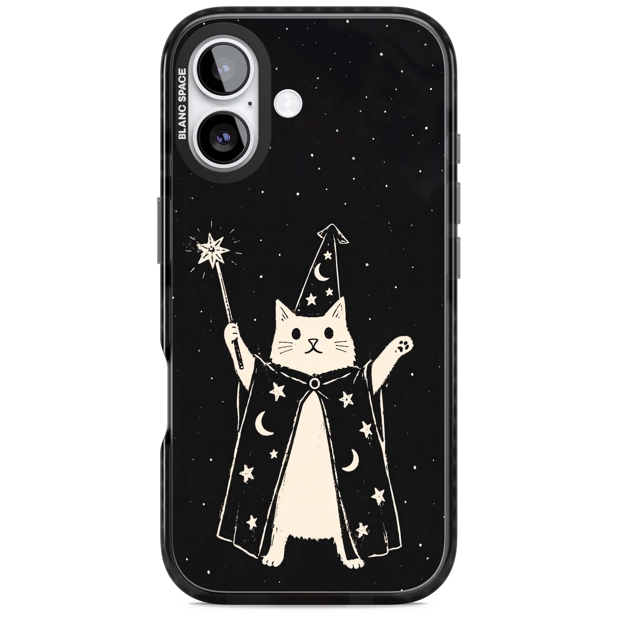 Whisker Wizard celestial cat iPhone case featuring a wizard cat with magic wand, starry night sky and crescent moons | Clear Impact case for iPhone 17