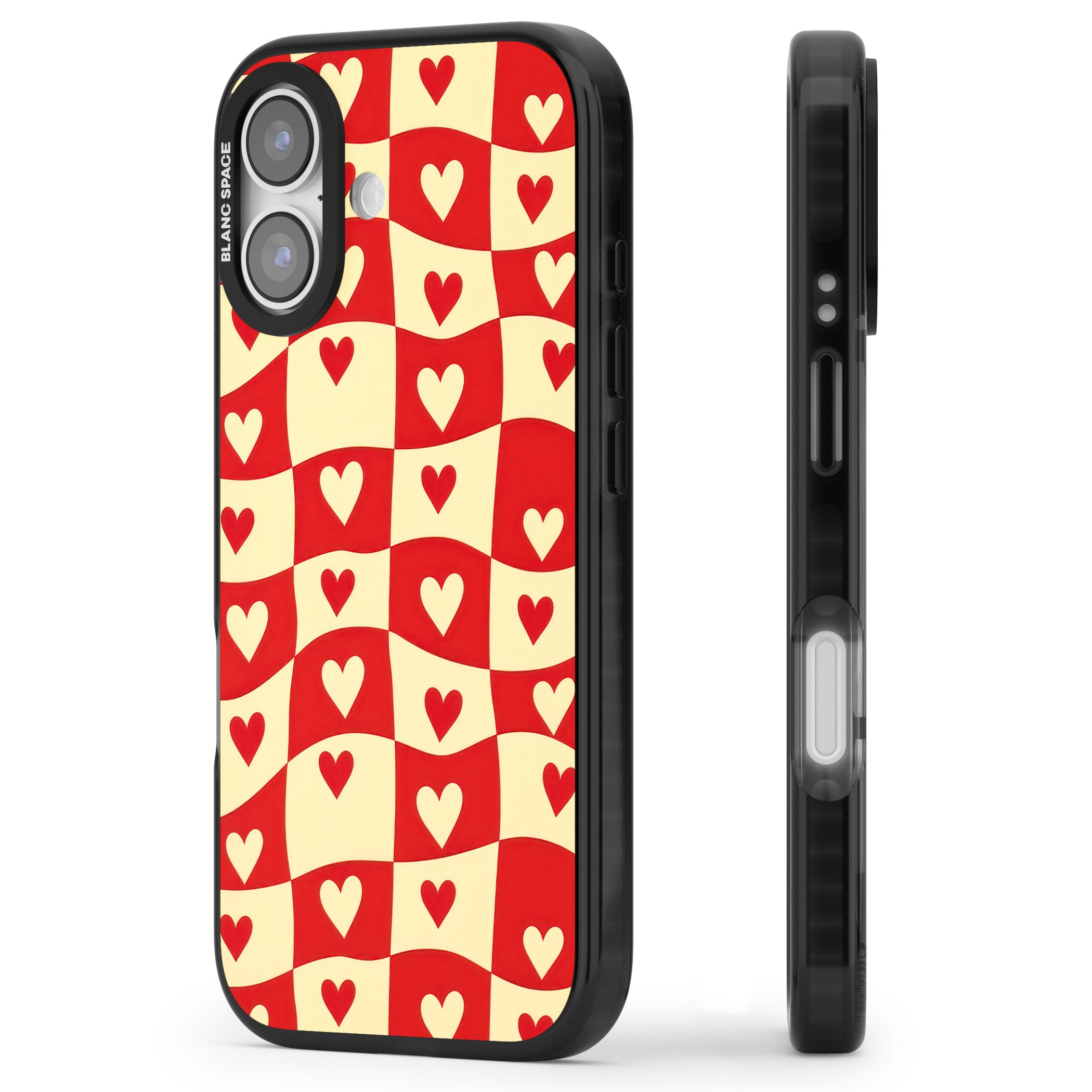 Red Wavy Checked & Hearts iPhone 17 Impact Black Phone Case Side Profile