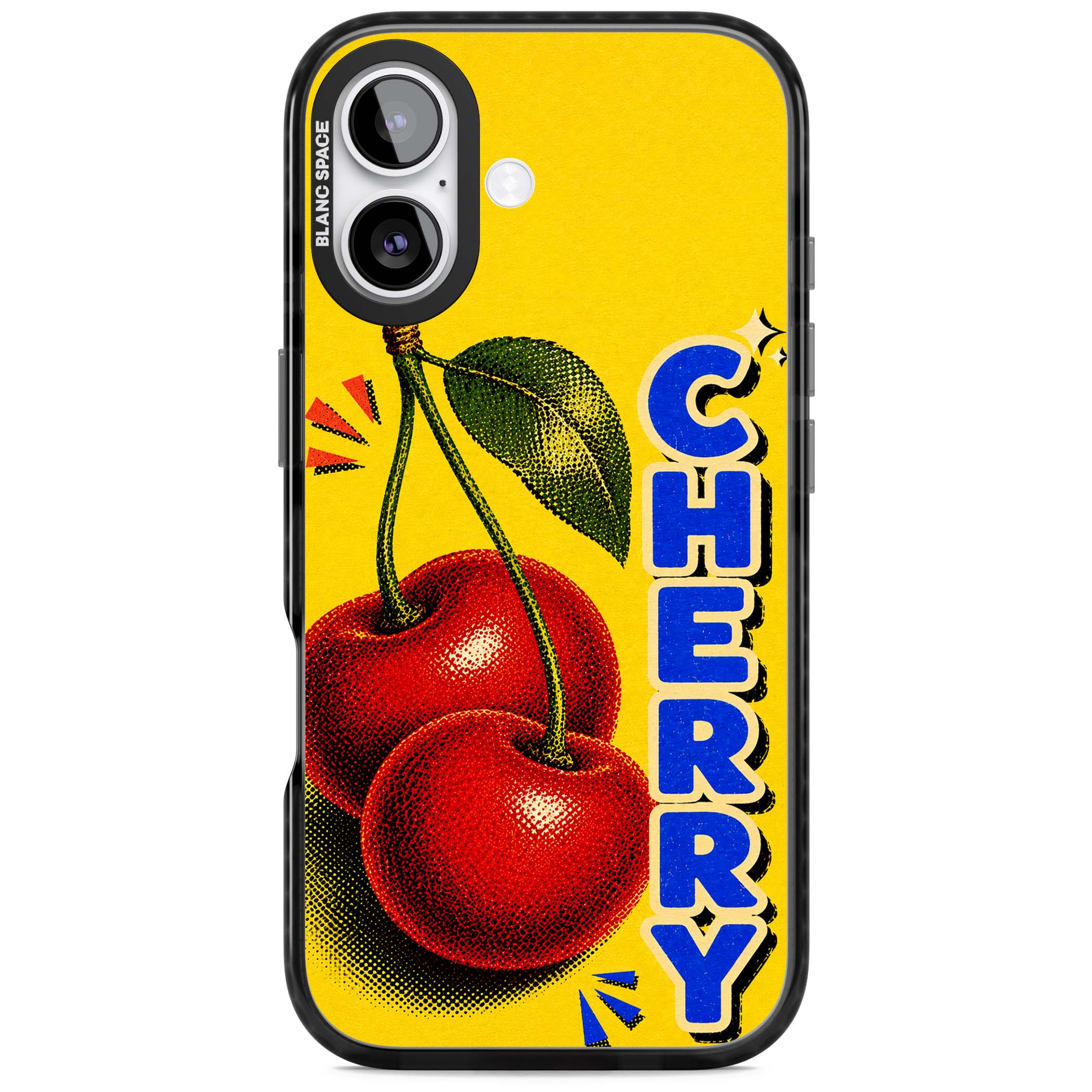 Cherry Yellow y2k iPhone case featuring two red cherries, halftone shading and bold blue CHERRY lettering on yellow | Clear Impact case for iPhone 17