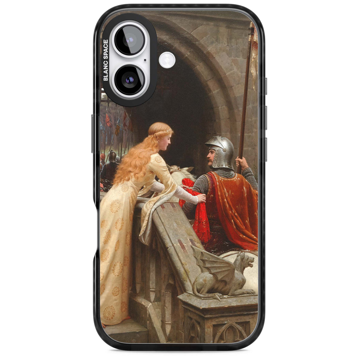 God Speed fine art iPhone case featuring Edmund Blair Leighton's medieval knight and lady beneath a stone archway | Clear Impact case for iPhone 17