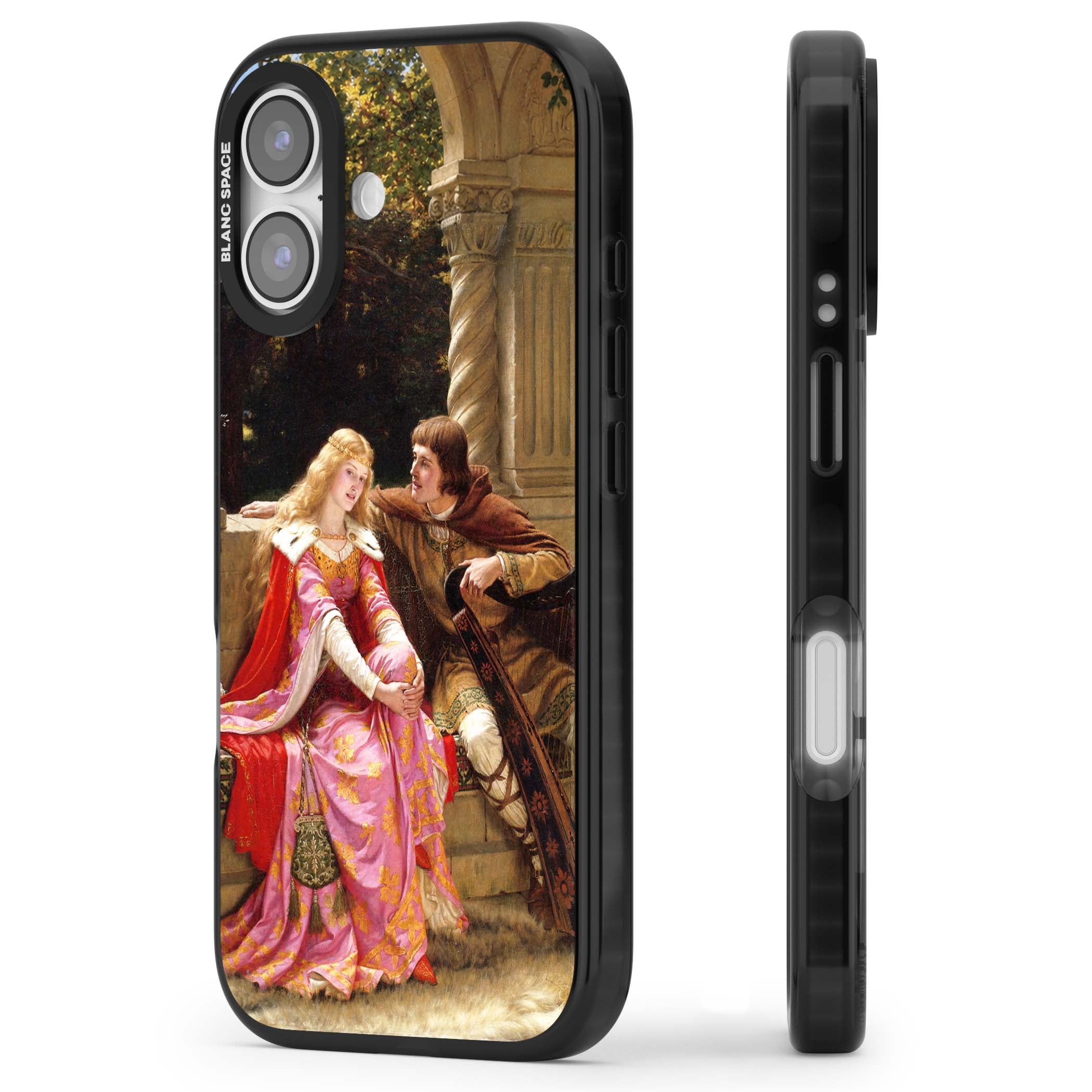 The End of the Song classic art iPhone case featuring a medieval lady in pink gown and her knight in a stone archway | Clear Impact case for iPhone 17