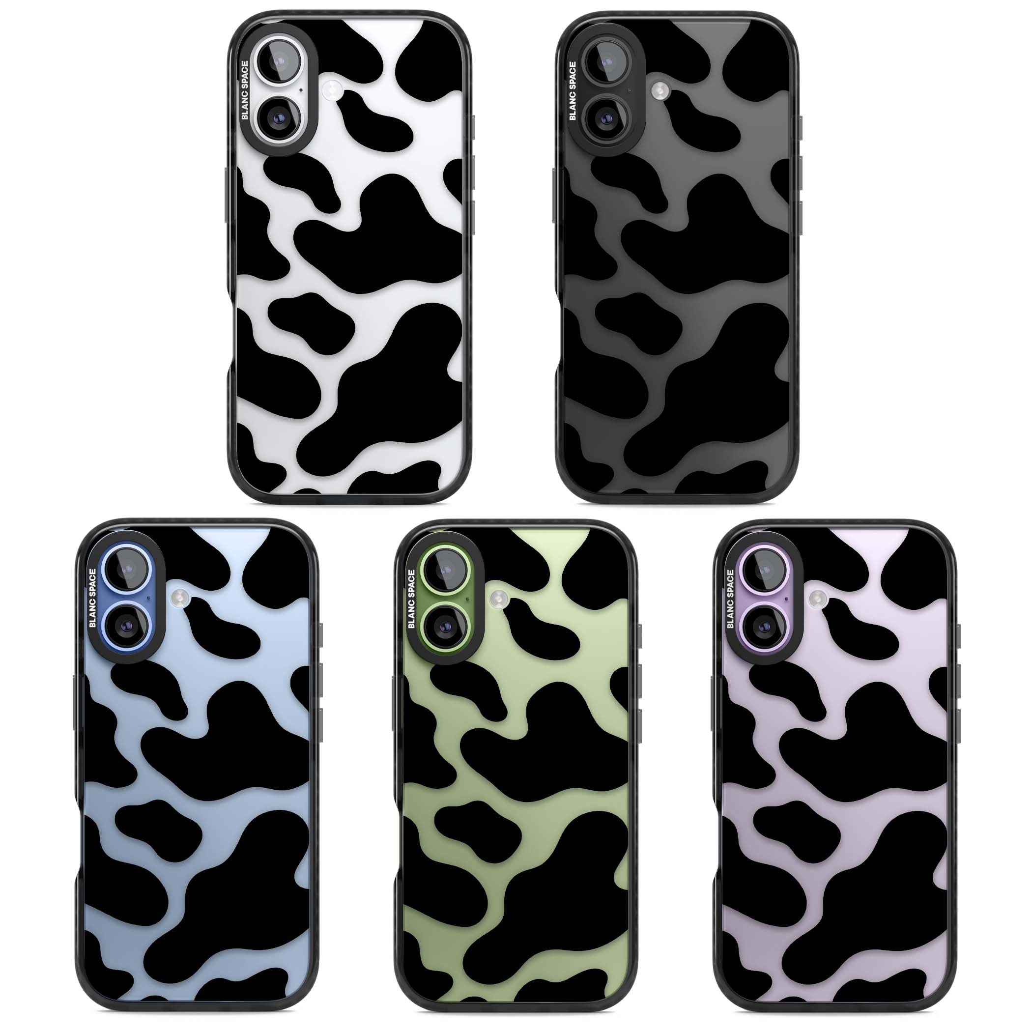 Clear Cow Print cow print iPhone case featuring black and white cow pattern splotches on a clear background | Clear Impact case for iPhone 17