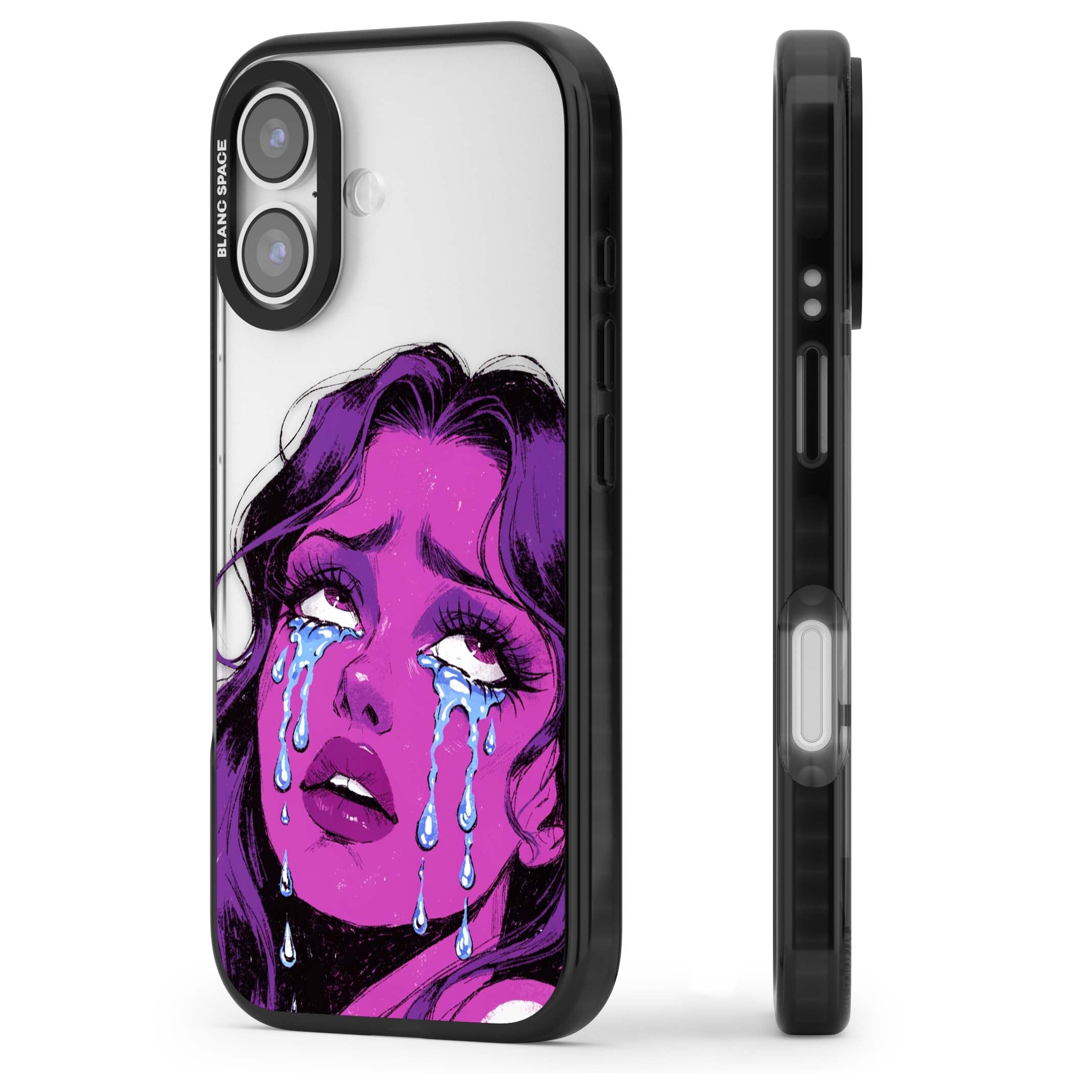 Drama Queen pop art iPhone case featuring a purple crying comic girl with blue tears | Clear Impact case for iPhone 17